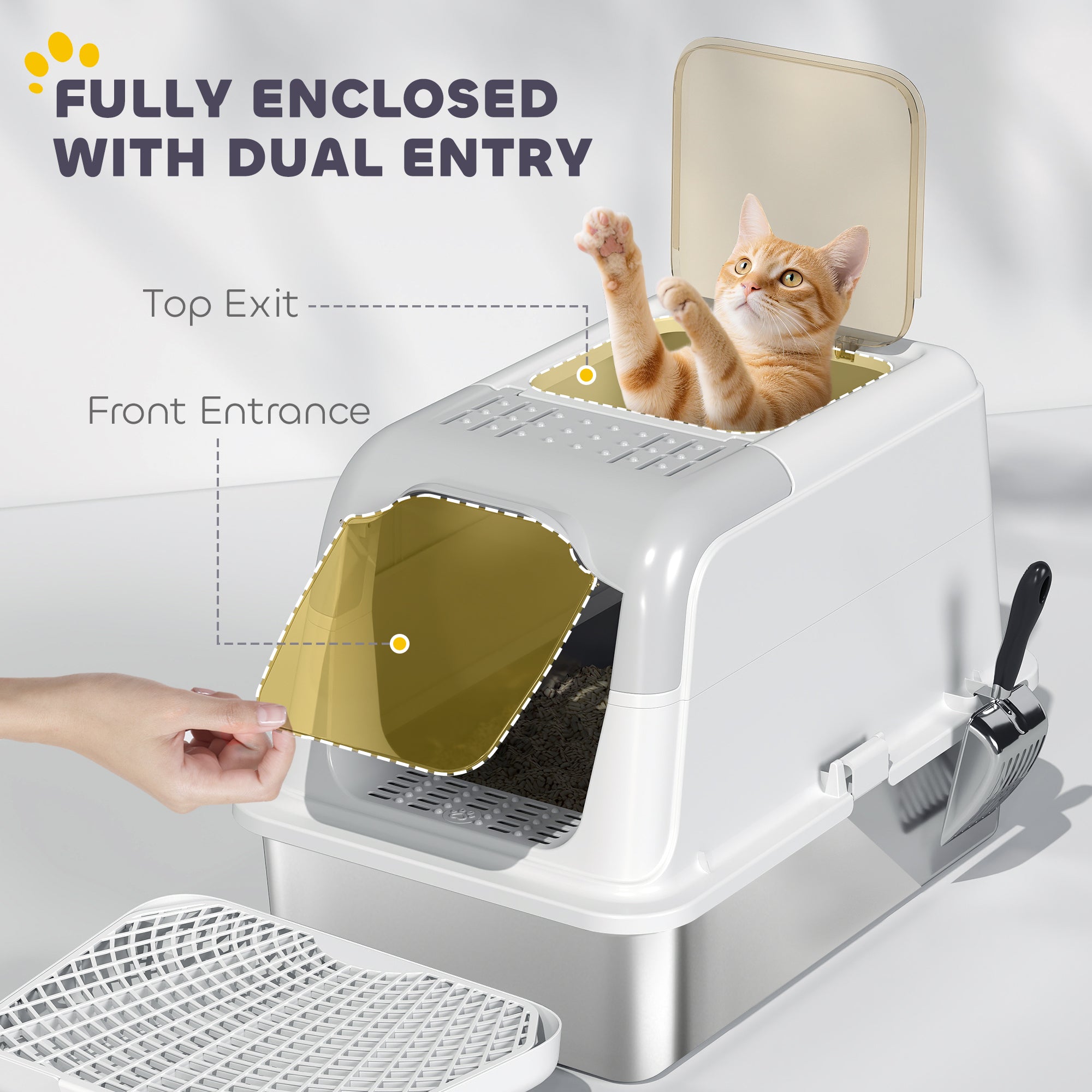 Cat Litter Box Enclosed XL Stainless Steel - Front Entry Top Exit Deodorizer