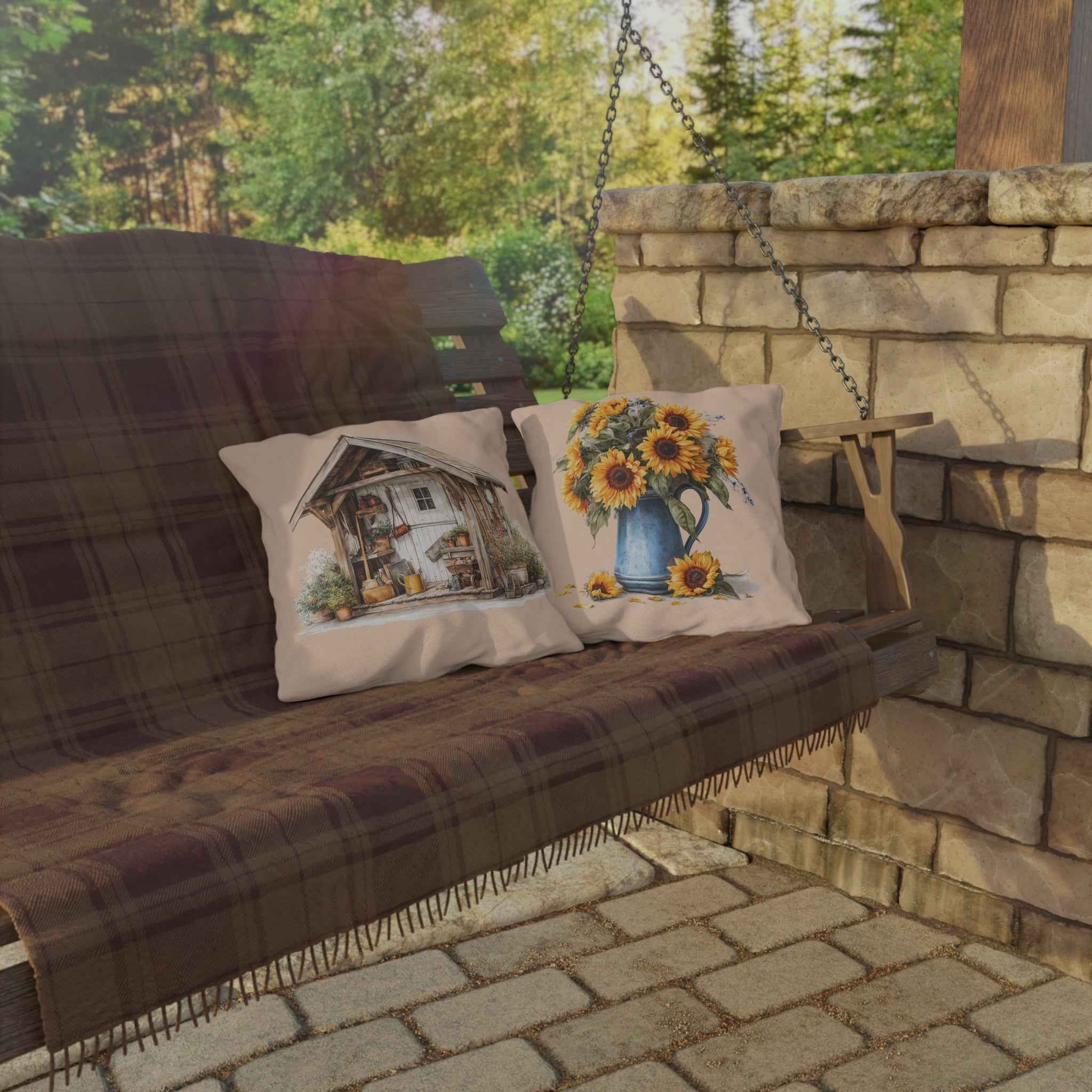 Sunflower Cottage Outdoor Pillow — Rustic Garden Shed & Sunflower Throw Cushion for Patio
