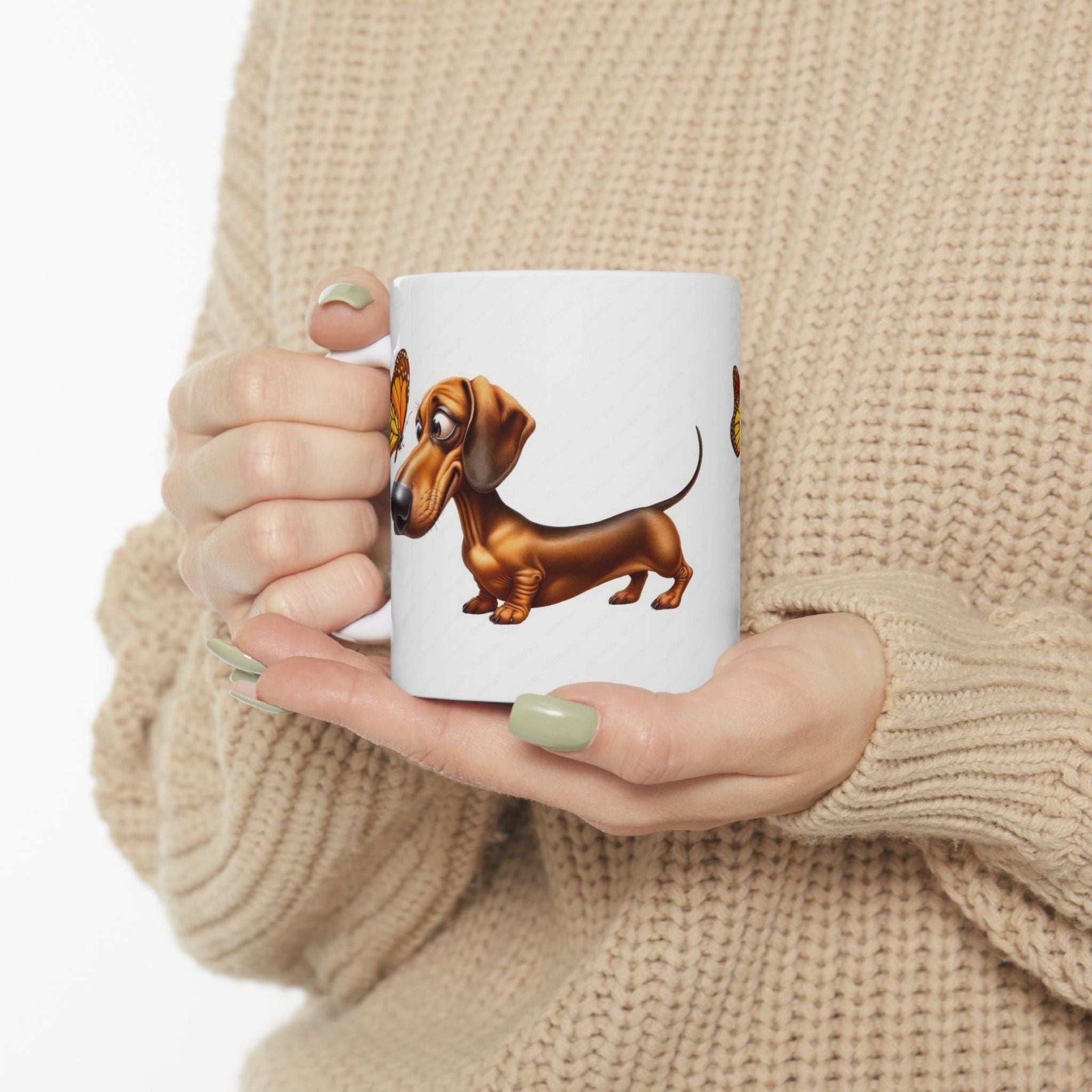 Cute Dachshund and Butterfly Ceramic Mug - Fun 11oz & 15oz Coffee Cup for Animal Lovers