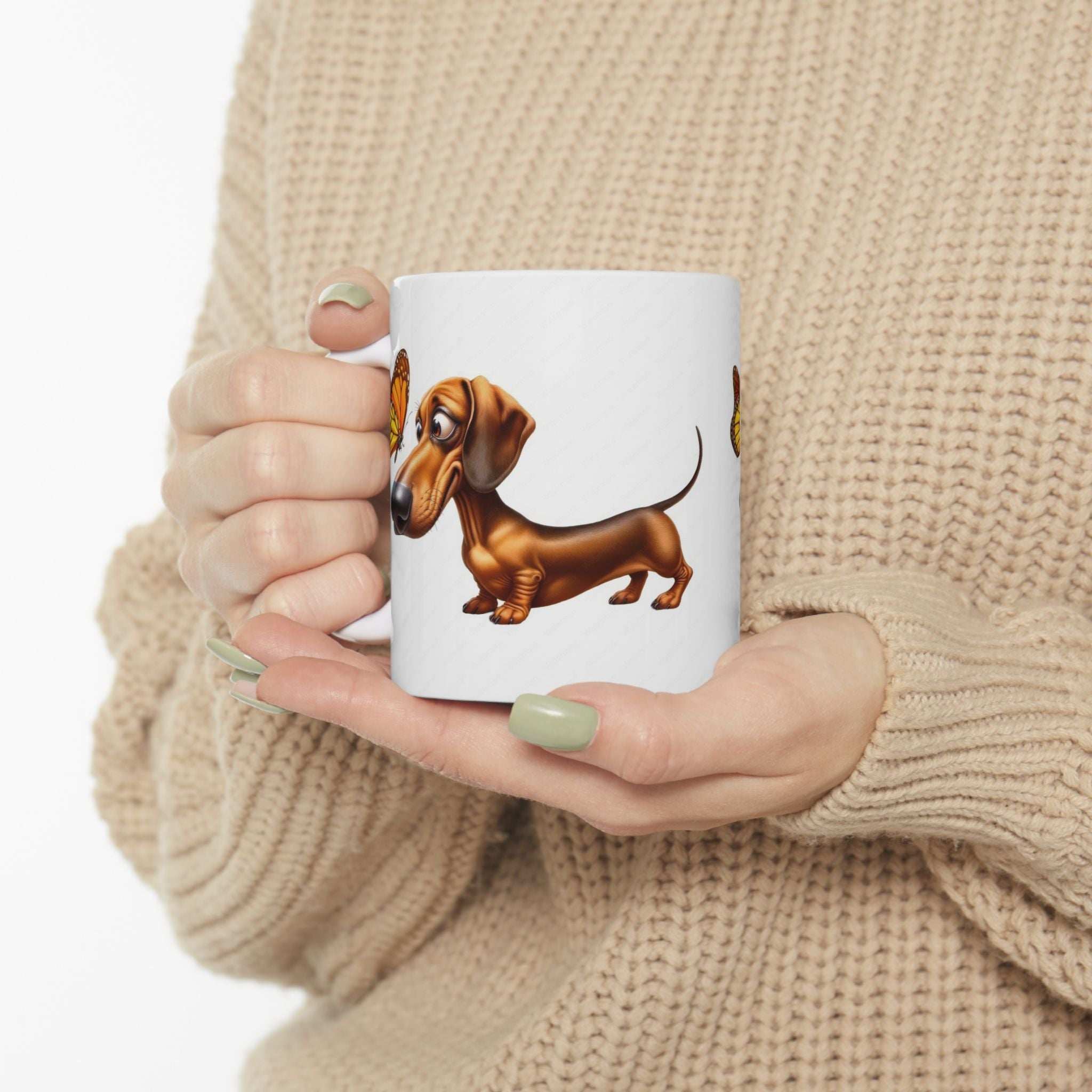 Cute Dachshund and Butterfly Ceramic Mug - Fun 11oz & 15oz Coffee Cup for Animal Lovers