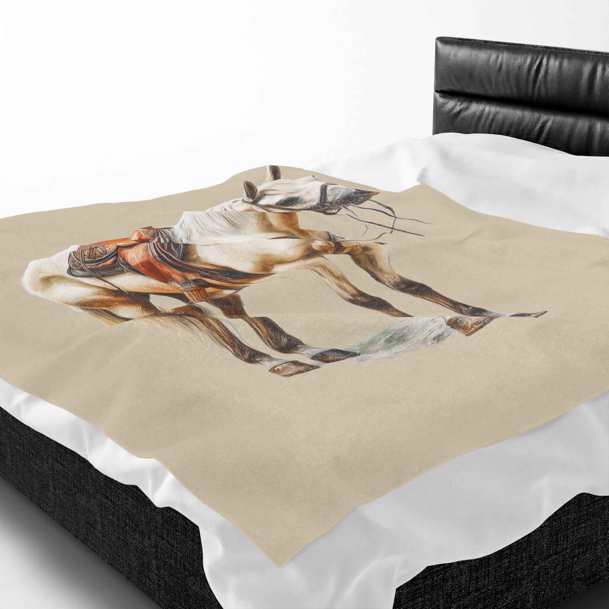 Velveteen Plush Blanket - Saddled Horse Illustration Cozy Throw