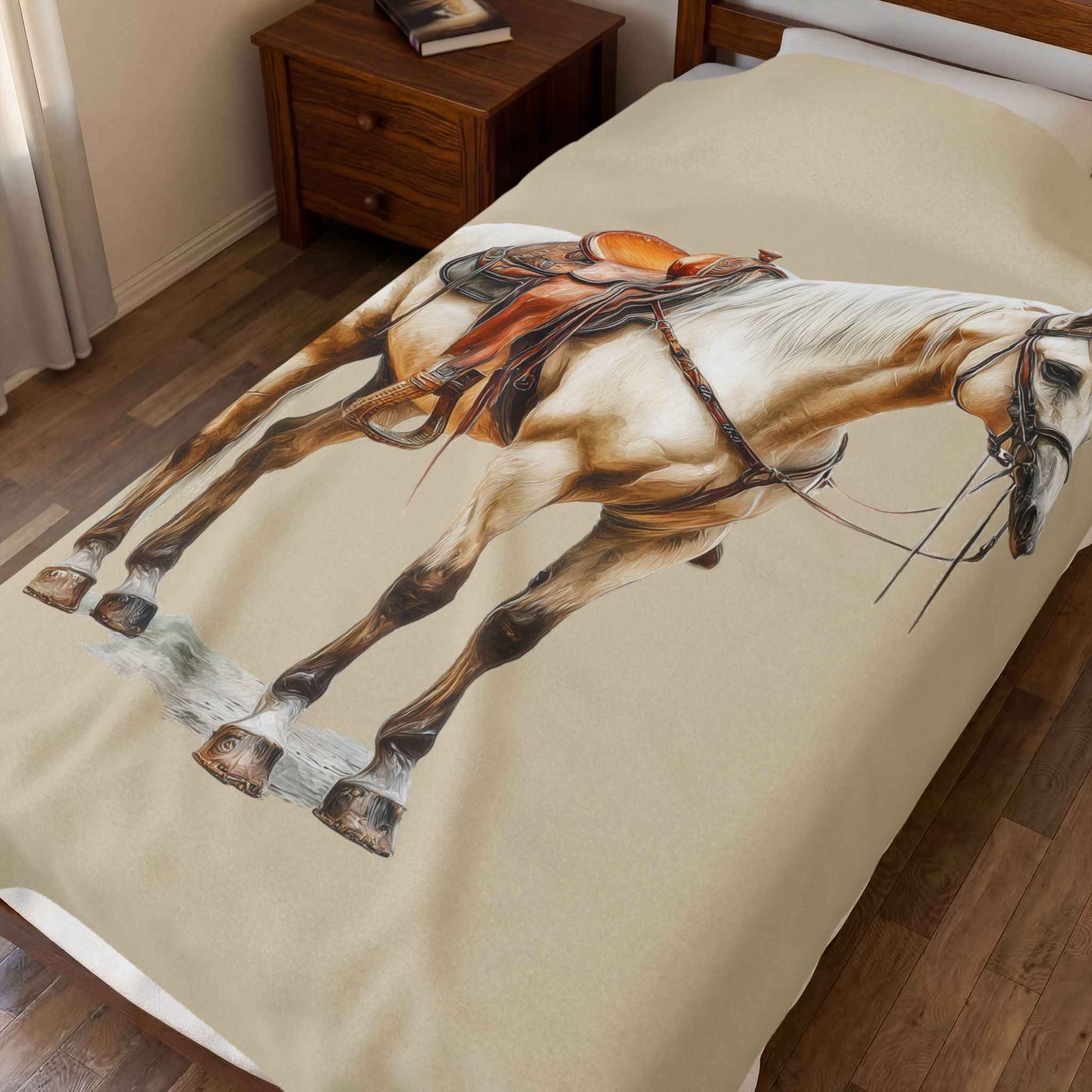 Velveteen Plush Blanket - Saddled Horse Illustration Cozy Throw