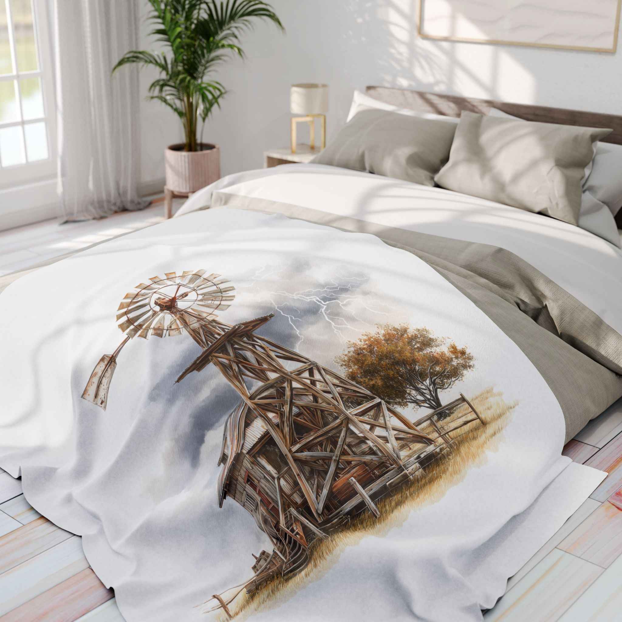 Windmill Farm Fleece Blanket — Rustic Windmill & Storm Sky Throw
