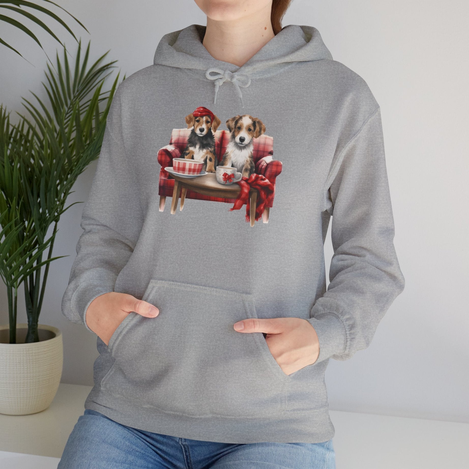 Christmas Hoodie - Festive Puppies on Sofa Design