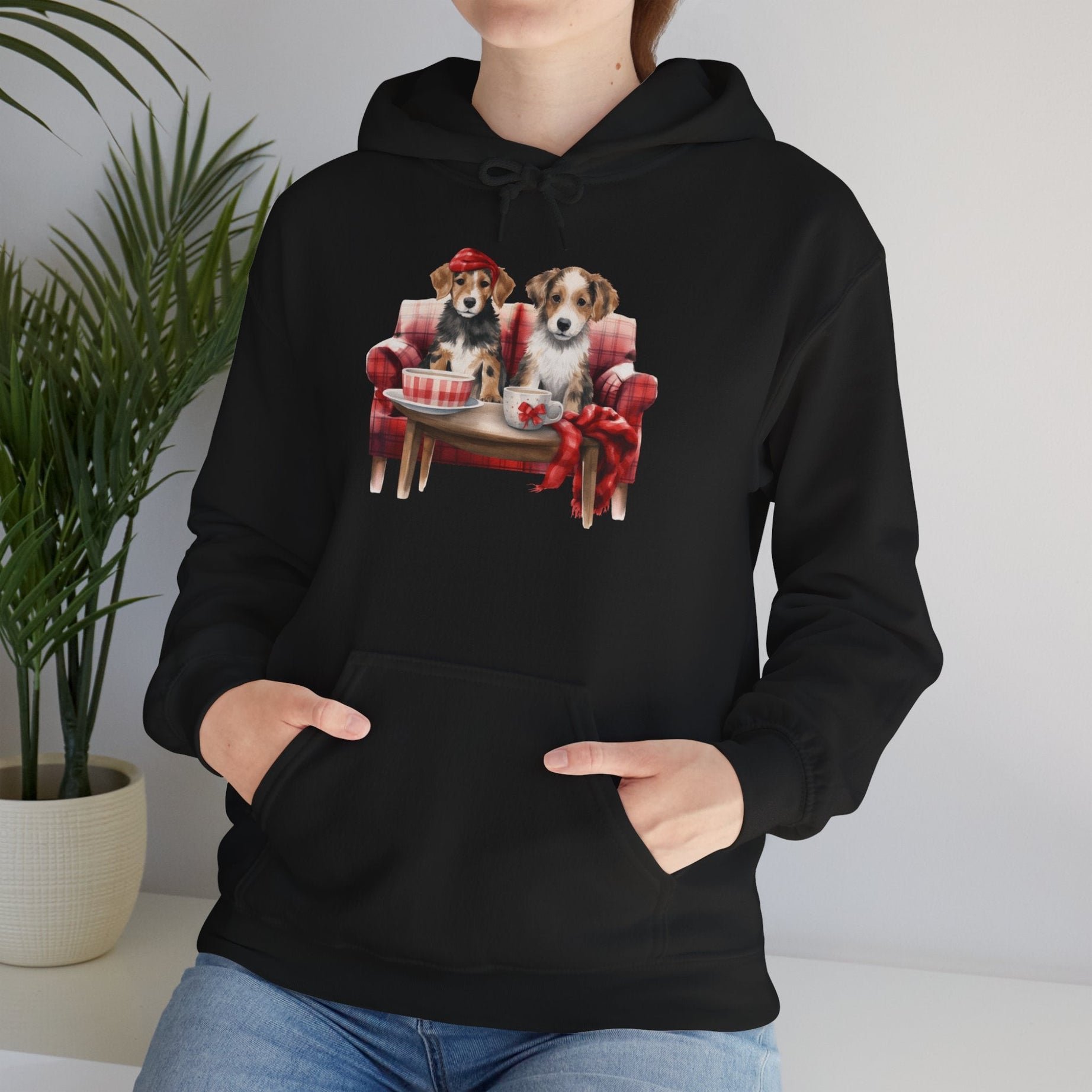 Christmas Hoodie - Festive Puppies on Sofa Design