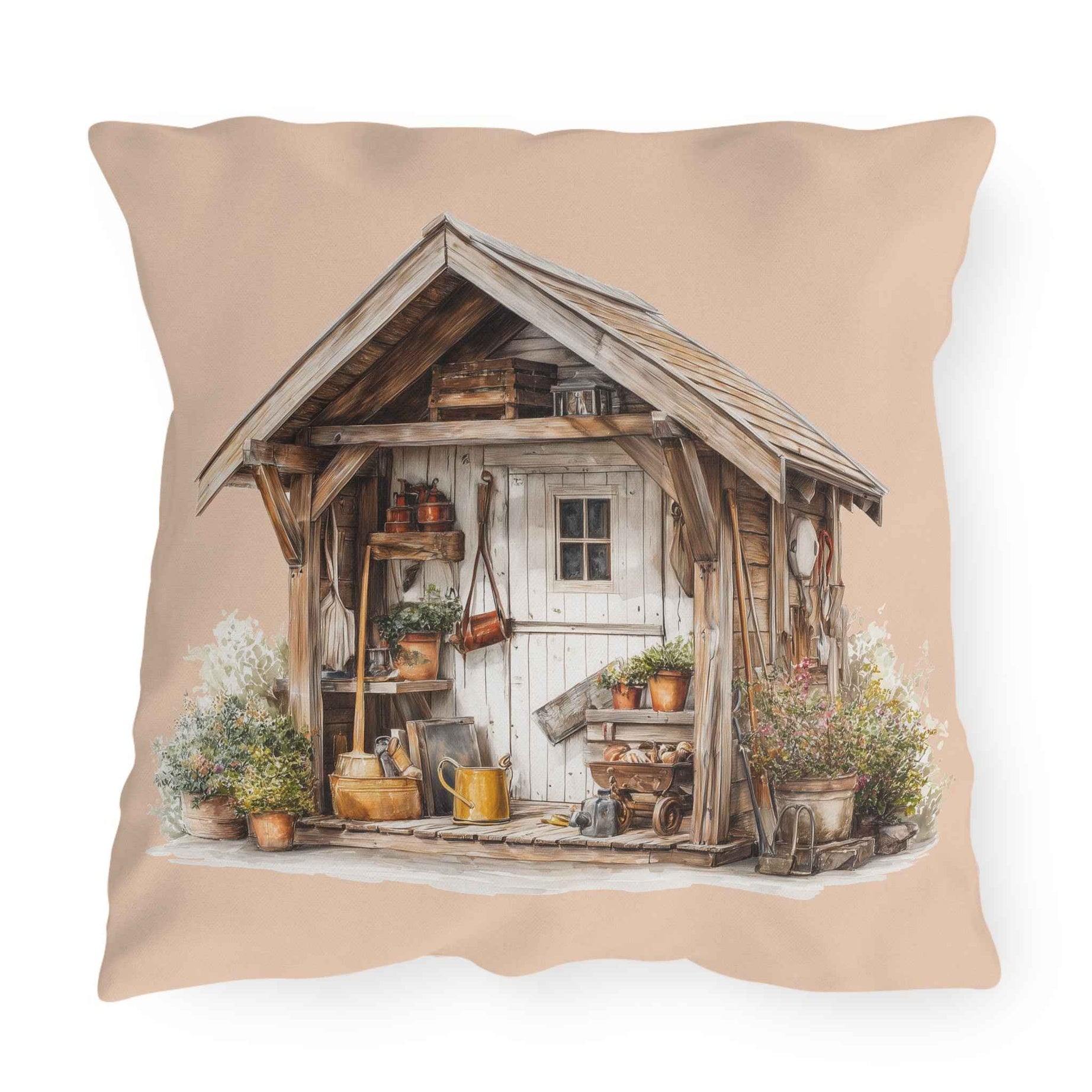 Sunflower Cottage Outdoor Pillow — Rustic Garden Shed & Sunflower Throw Cushion for Patio
