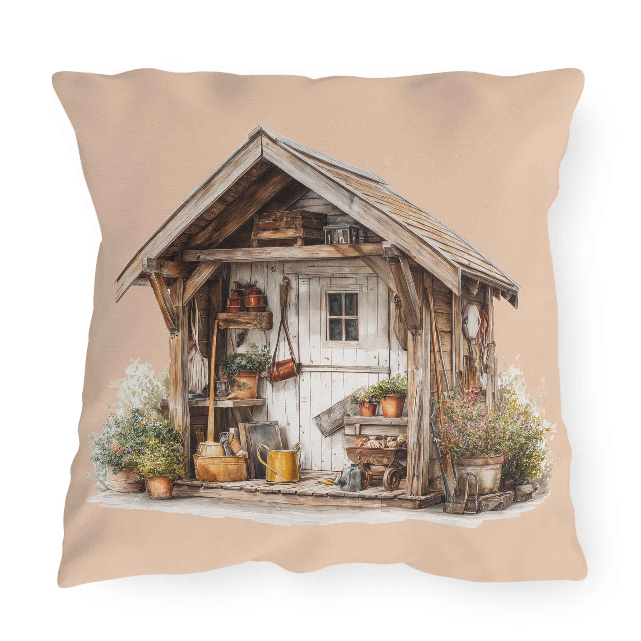 Sunflower Cottage Outdoor Pillow — Rustic Garden Shed & Sunflower Throw Cushion for Patio