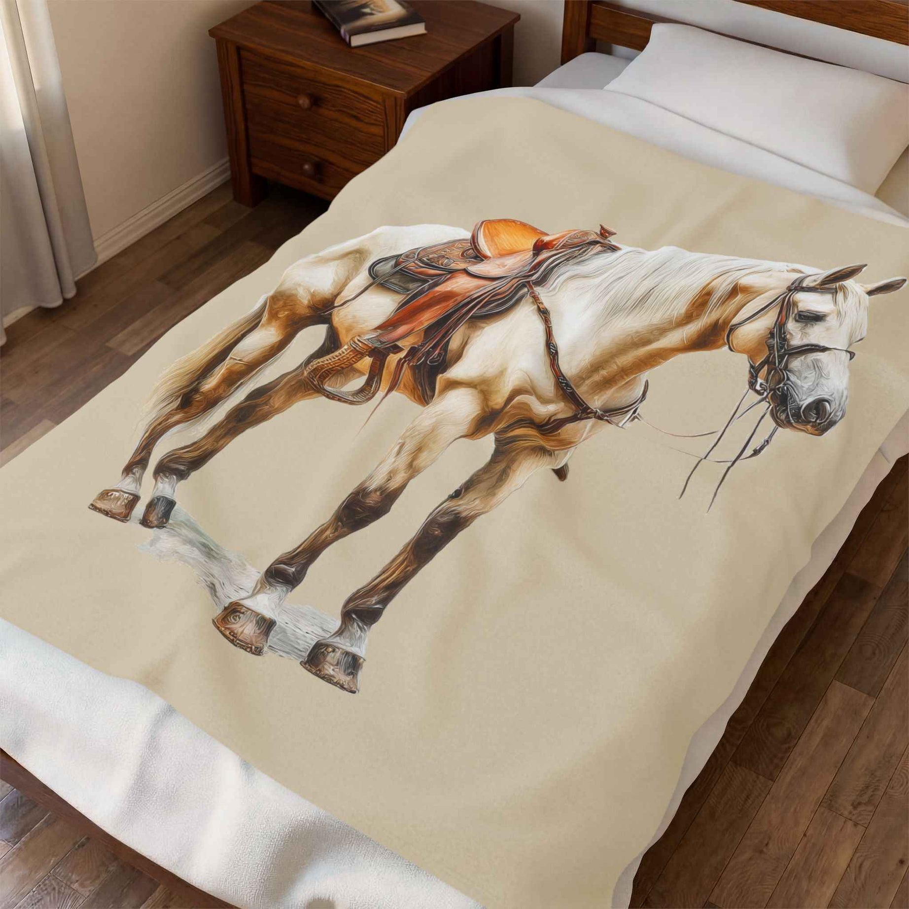 Velveteen Plush Blanket - Saddled Horse Illustration Cozy Throw