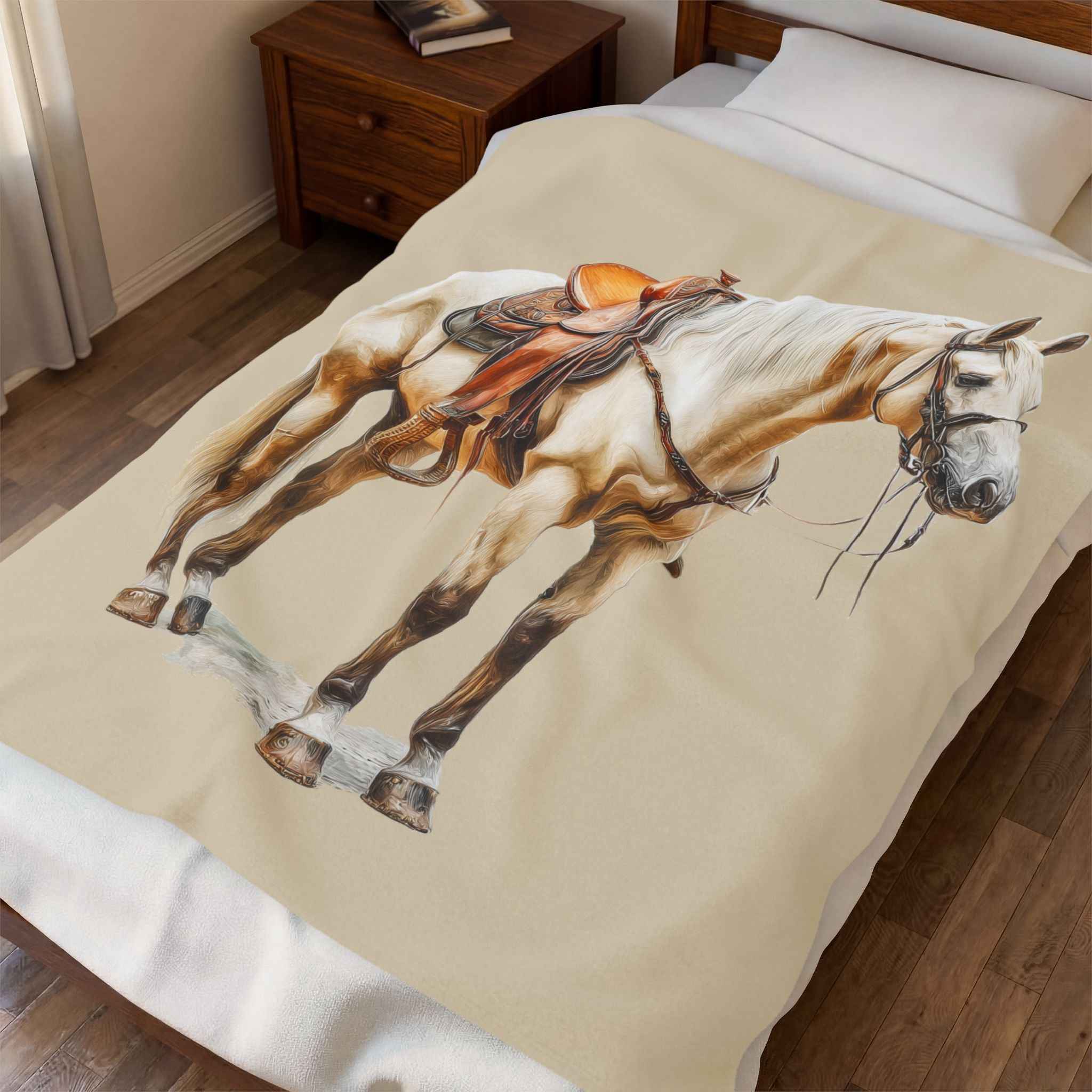 Velveteen Plush Blanket - Saddled Horse Illustration Cozy Throw