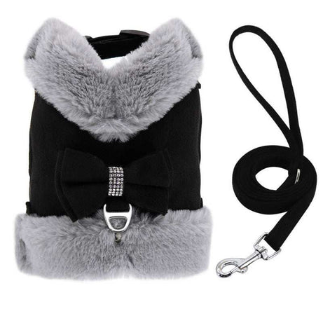 Warm Fur Collar Soft Padded Small Girl Pet Harness and Leash Set with Bow Tie