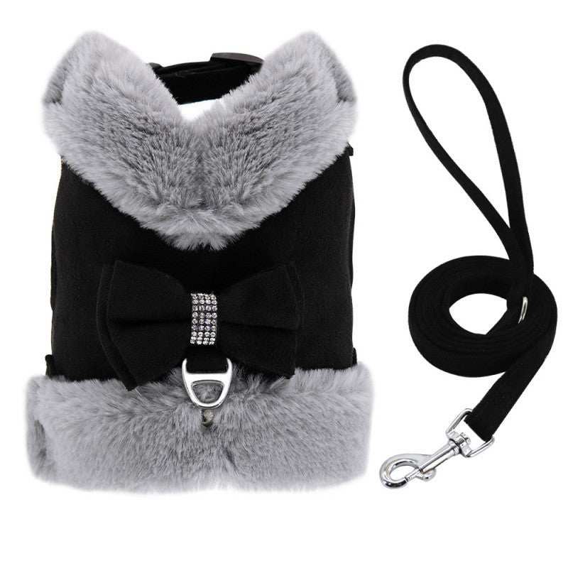 Warm Fur Collar Soft Padded Small Girl Pet Harness and Leash Set with Bow Tie
