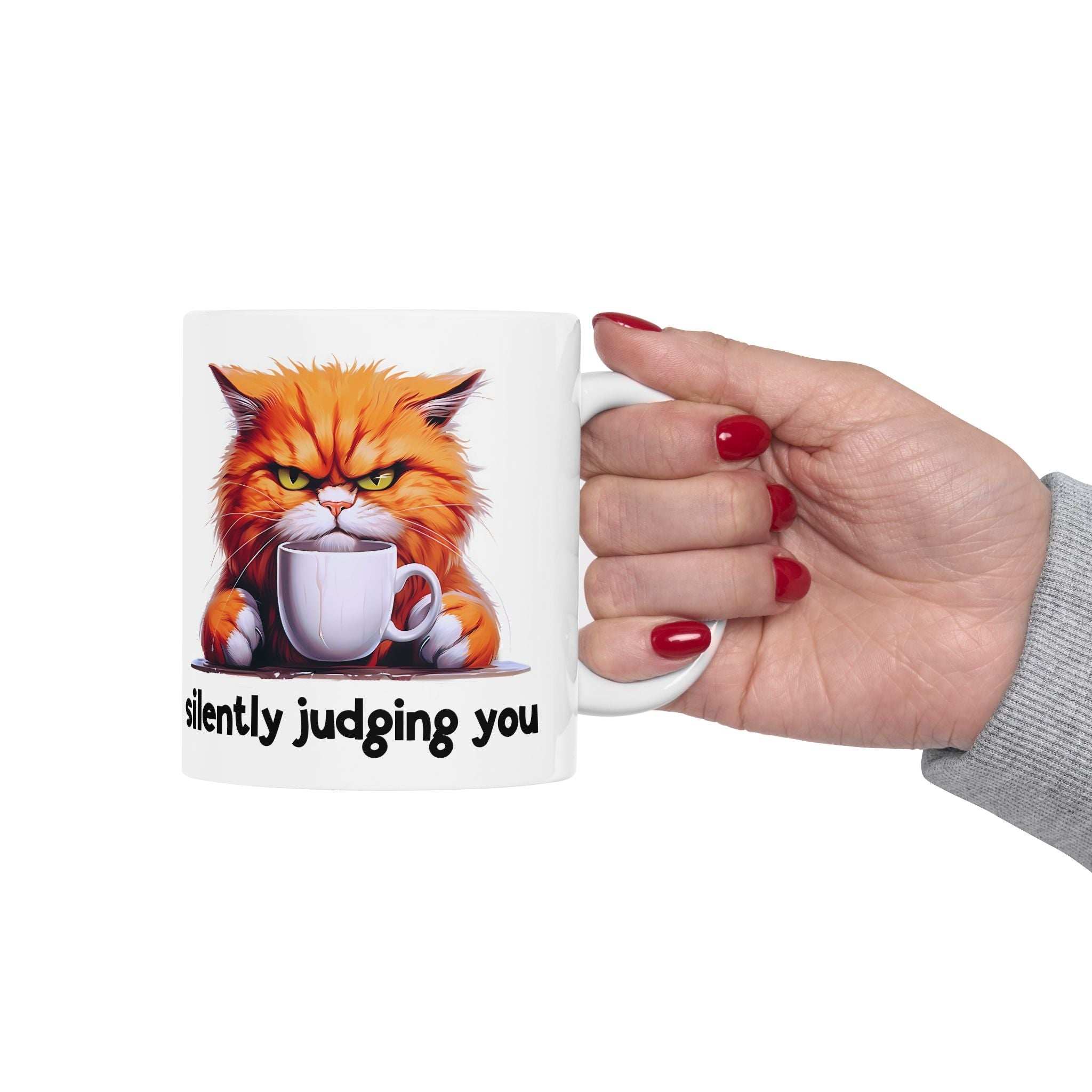 Funny Cat Ceramic Mug - 'Judging You Silently' (11oz, 15oz)