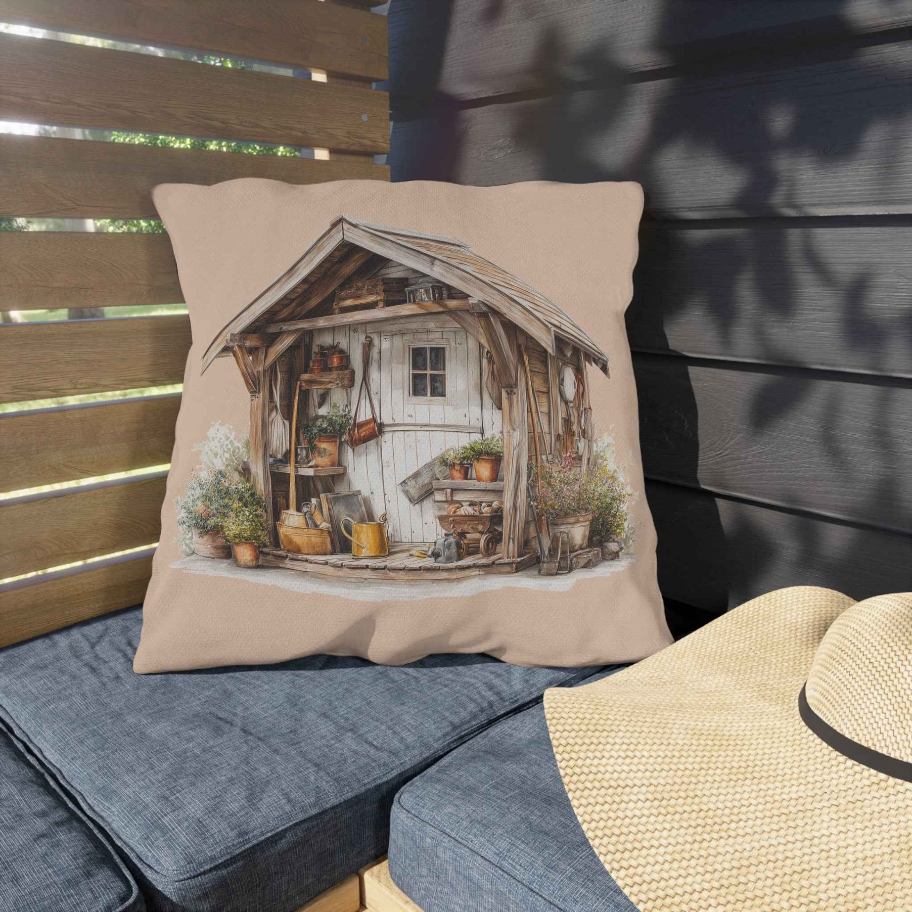 Sunflower Cottage Outdoor Pillow — Rustic Garden Shed & Sunflower Throw Cushion for Patio