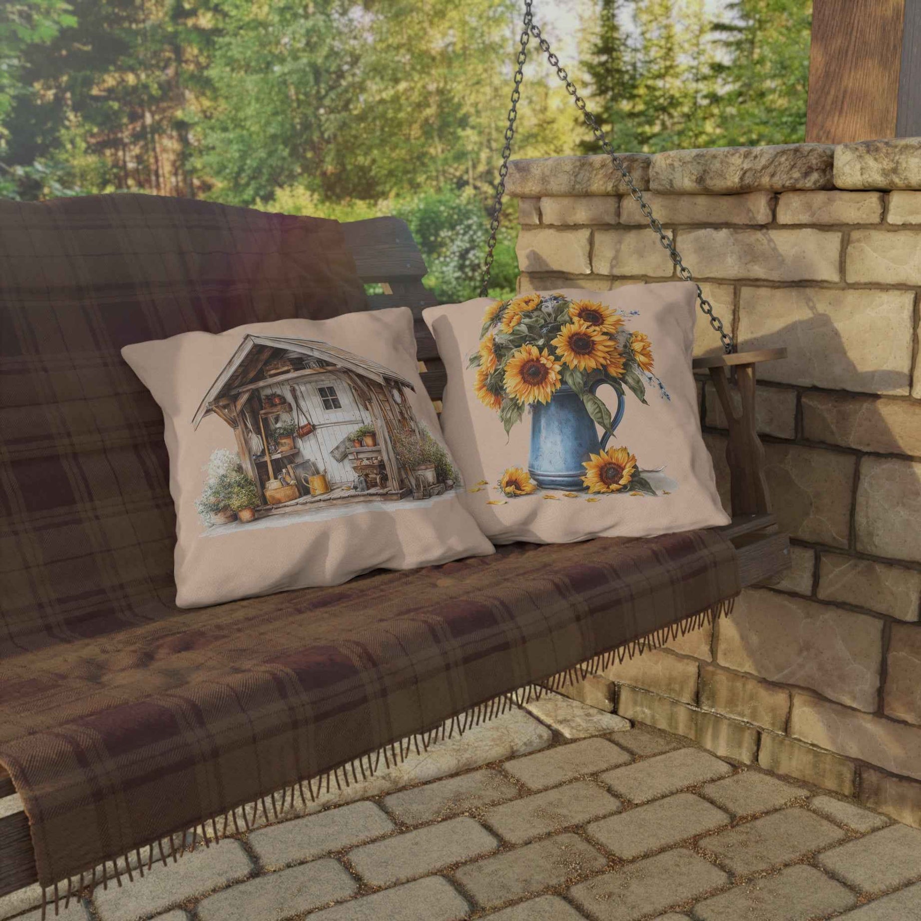 Sunflower Cottage Outdoor Pillow — Rustic Garden Shed & Sunflower Throw Cushion for Patio