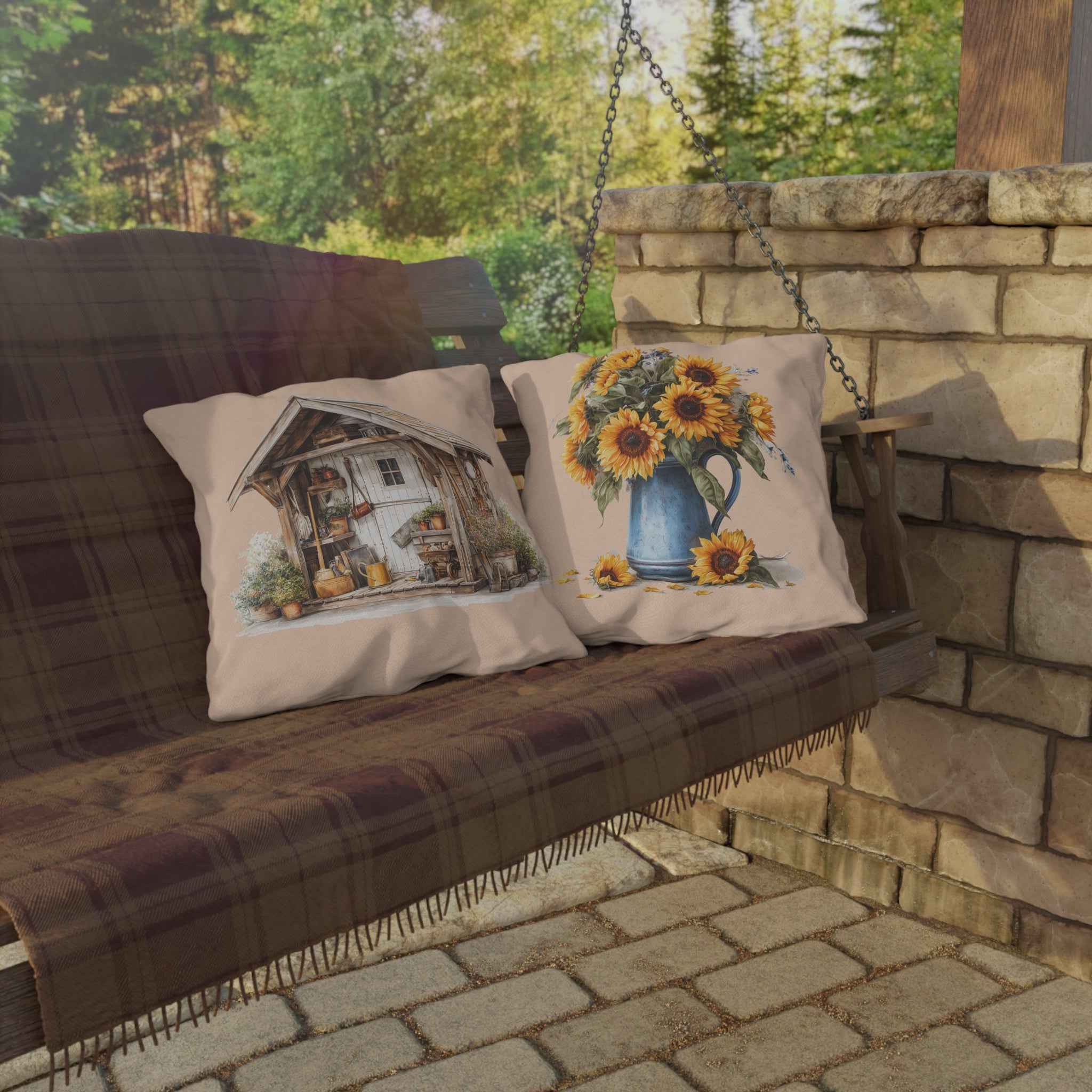 Sunflower Cottage Outdoor Pillow — Rustic Garden Shed & Sunflower Throw Cushion for Patio