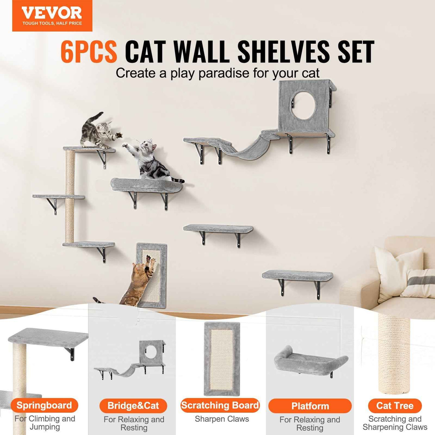 Wall-Mounted Cat Shelves & Climbing Tree Set with Hammock - 6 Pieces
