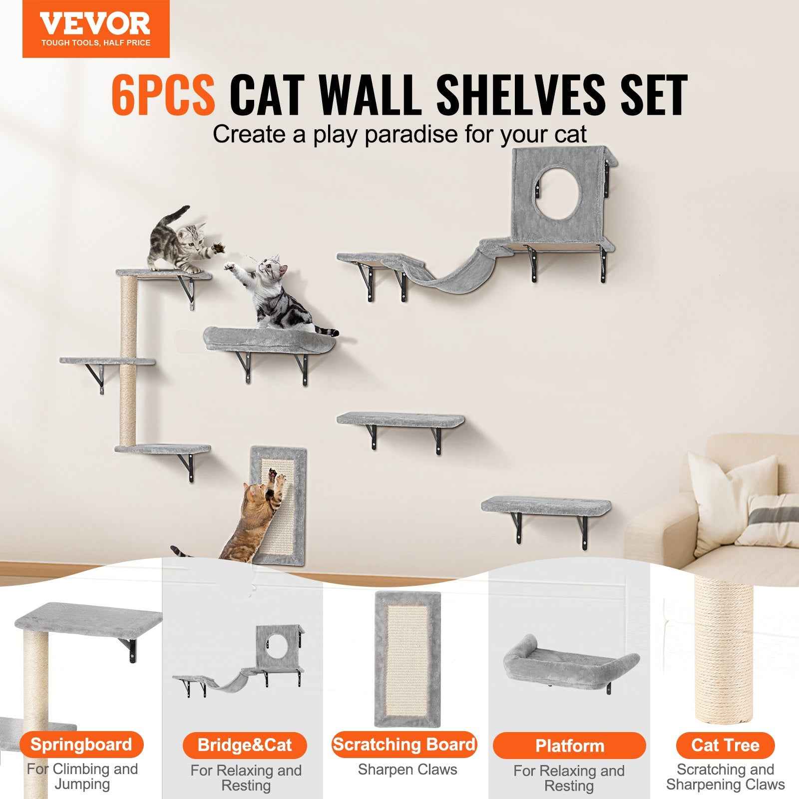 Wall-Mounted Cat Shelves & Climbing Tree Set with Hammock - 6 Pieces