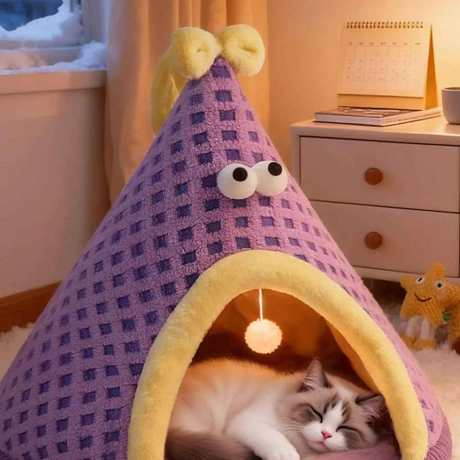 Cartoon Style Pet Nest - Cute Bed with Hanging Ball