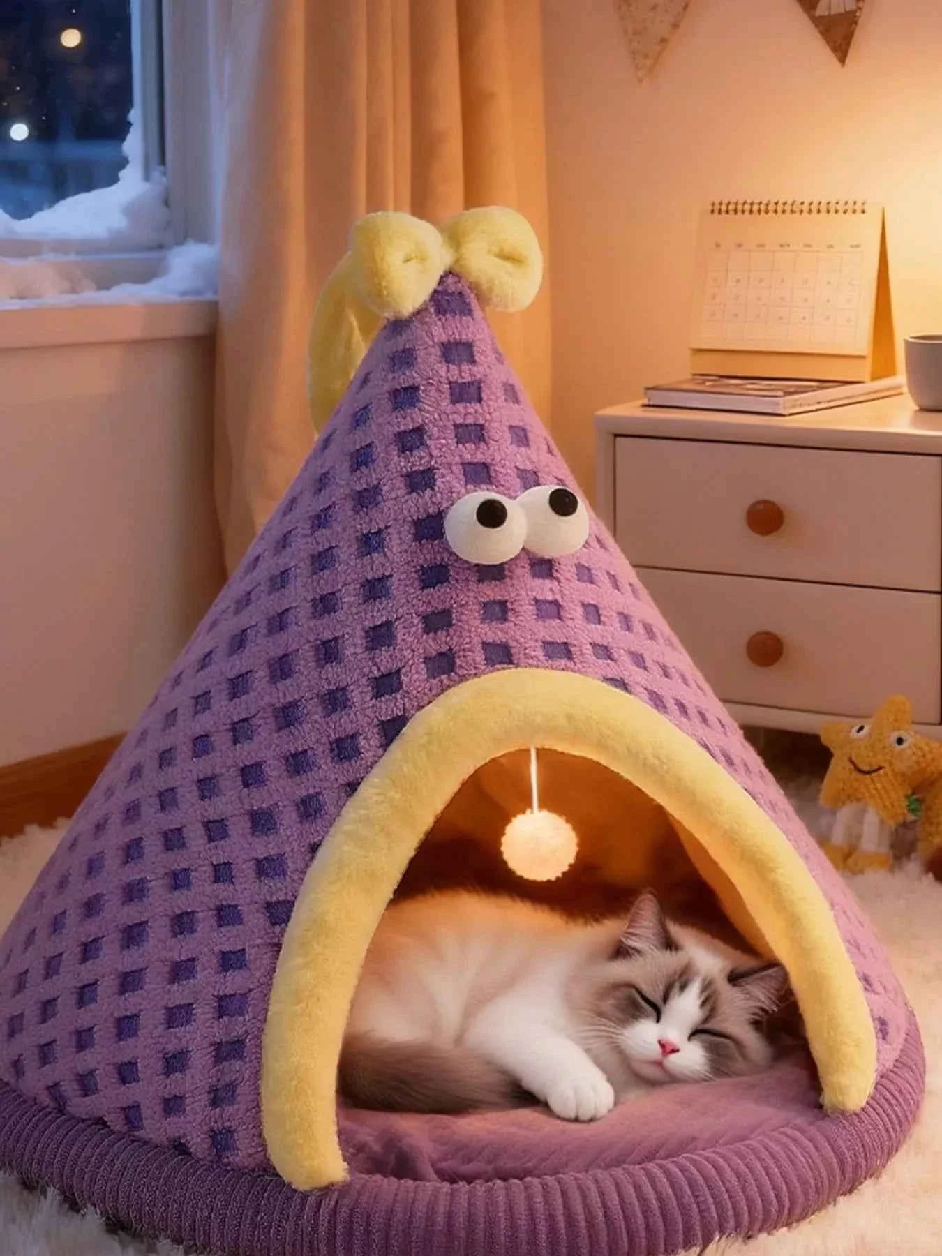 Cartoon Style Pet Nest - Cute Bed with Hanging Ball