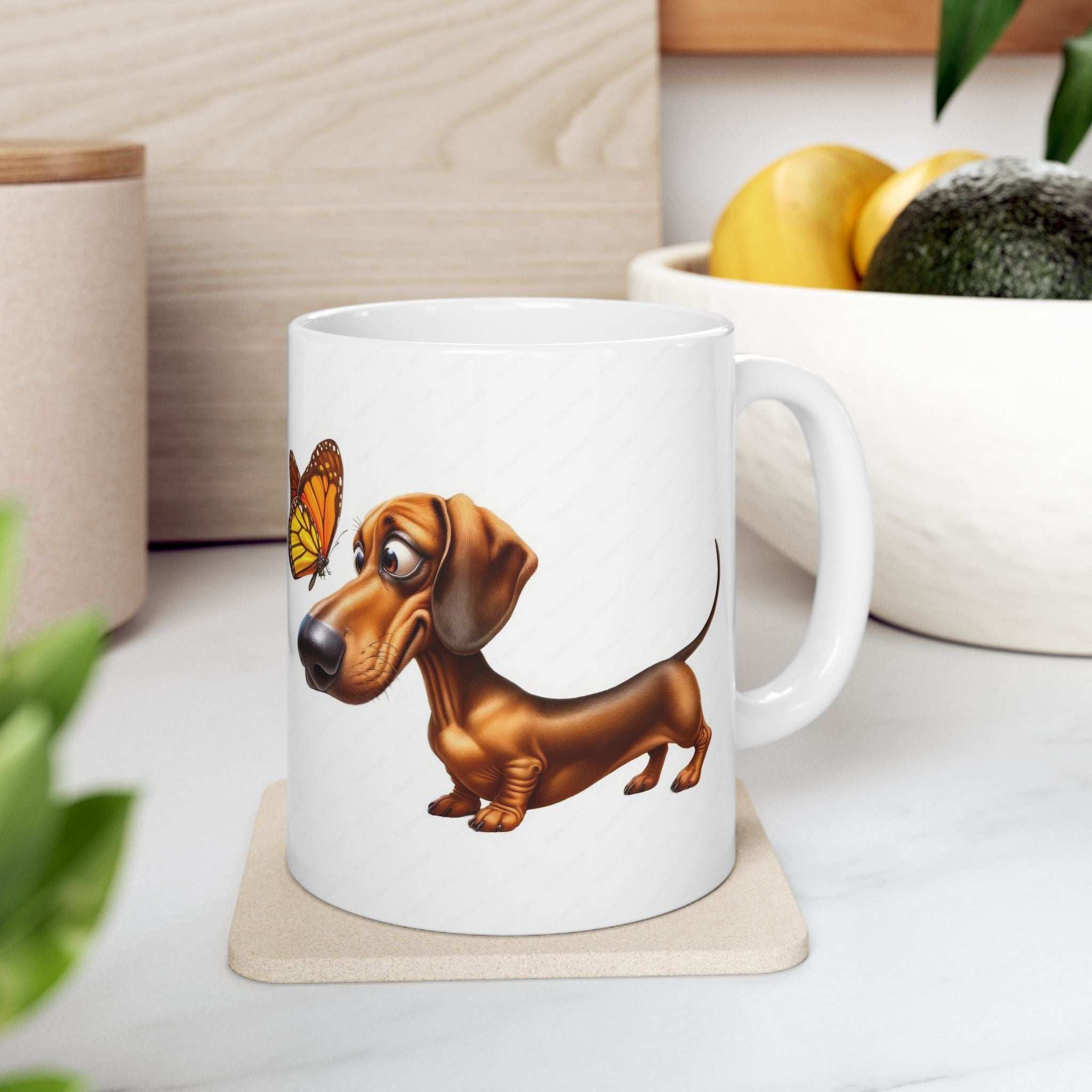 Cute Dachshund and Butterfly Ceramic Mug - Fun 11oz & 15oz Coffee Cup for Animal Lovers
