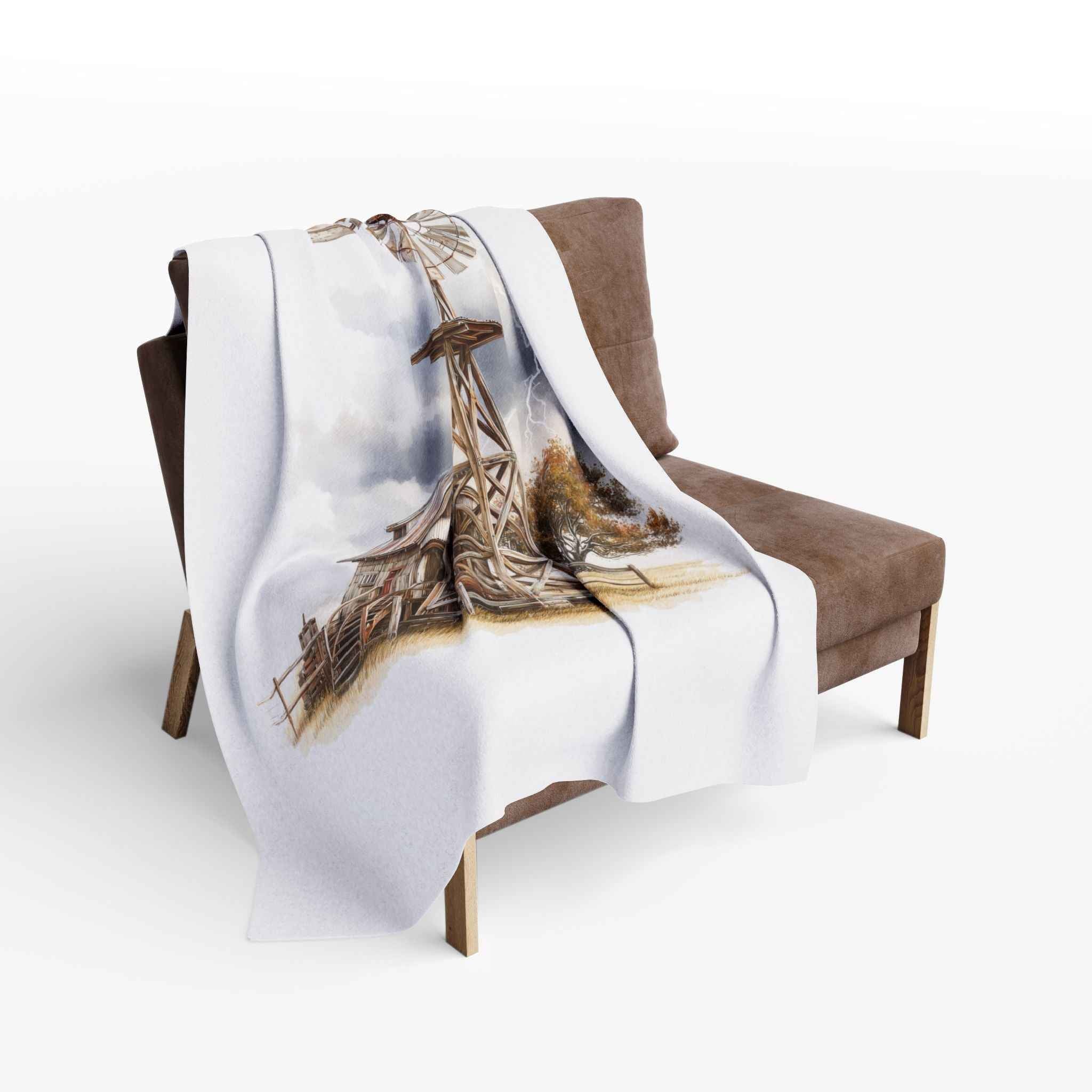Windmill Farm Fleece Blanket — Rustic Windmill & Storm Sky Throw