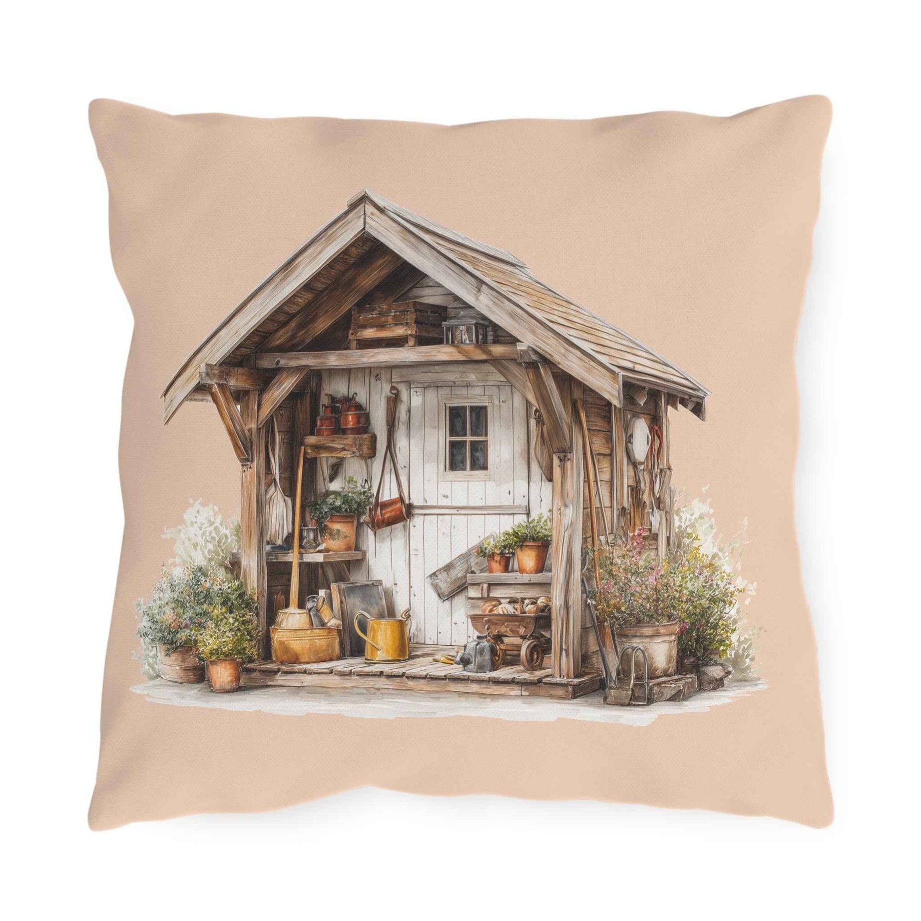 Sunflower Cottage Outdoor Pillow — Rustic Garden Shed & Sunflower Throw Cushion for Patio
