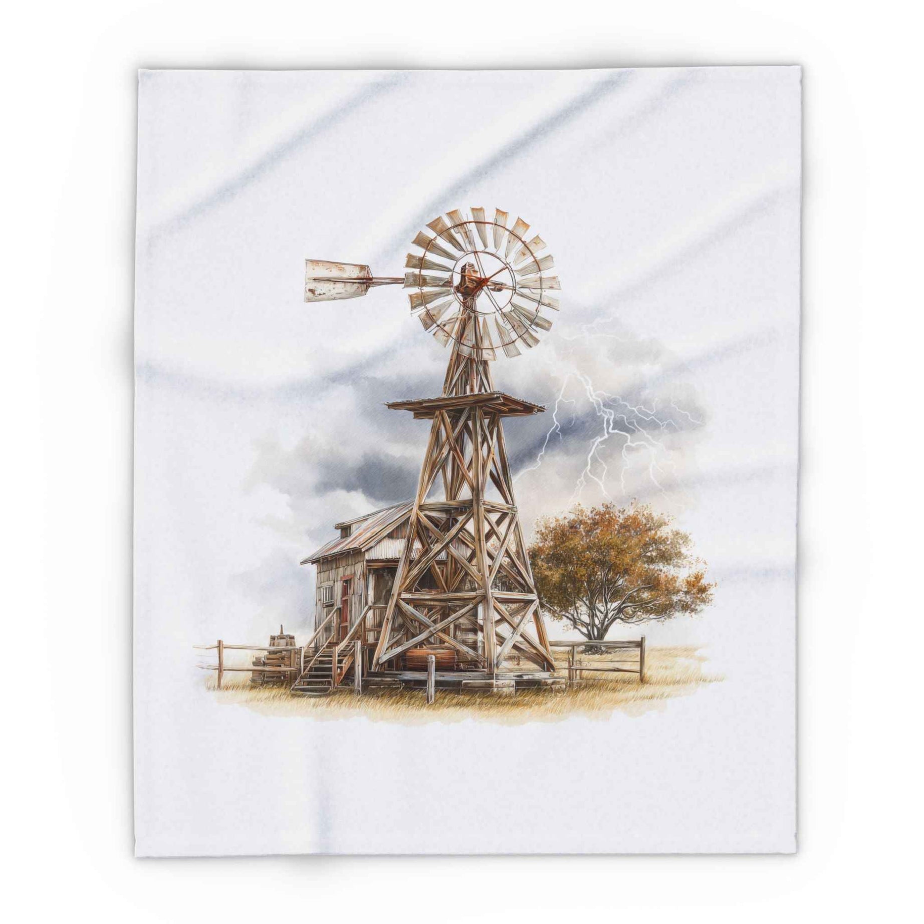 Windmill Farm Fleece Blanket — Rustic Windmill & Storm Sky Throw