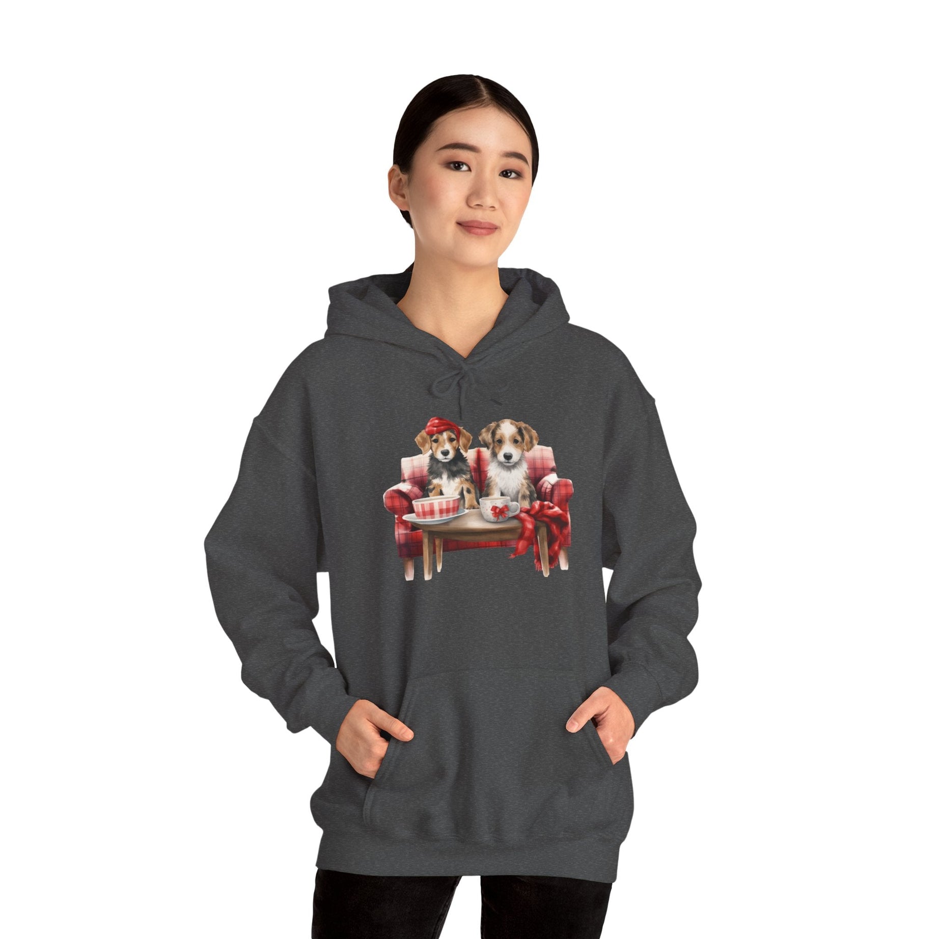 Christmas Hoodie - Festive Puppies on Sofa Design