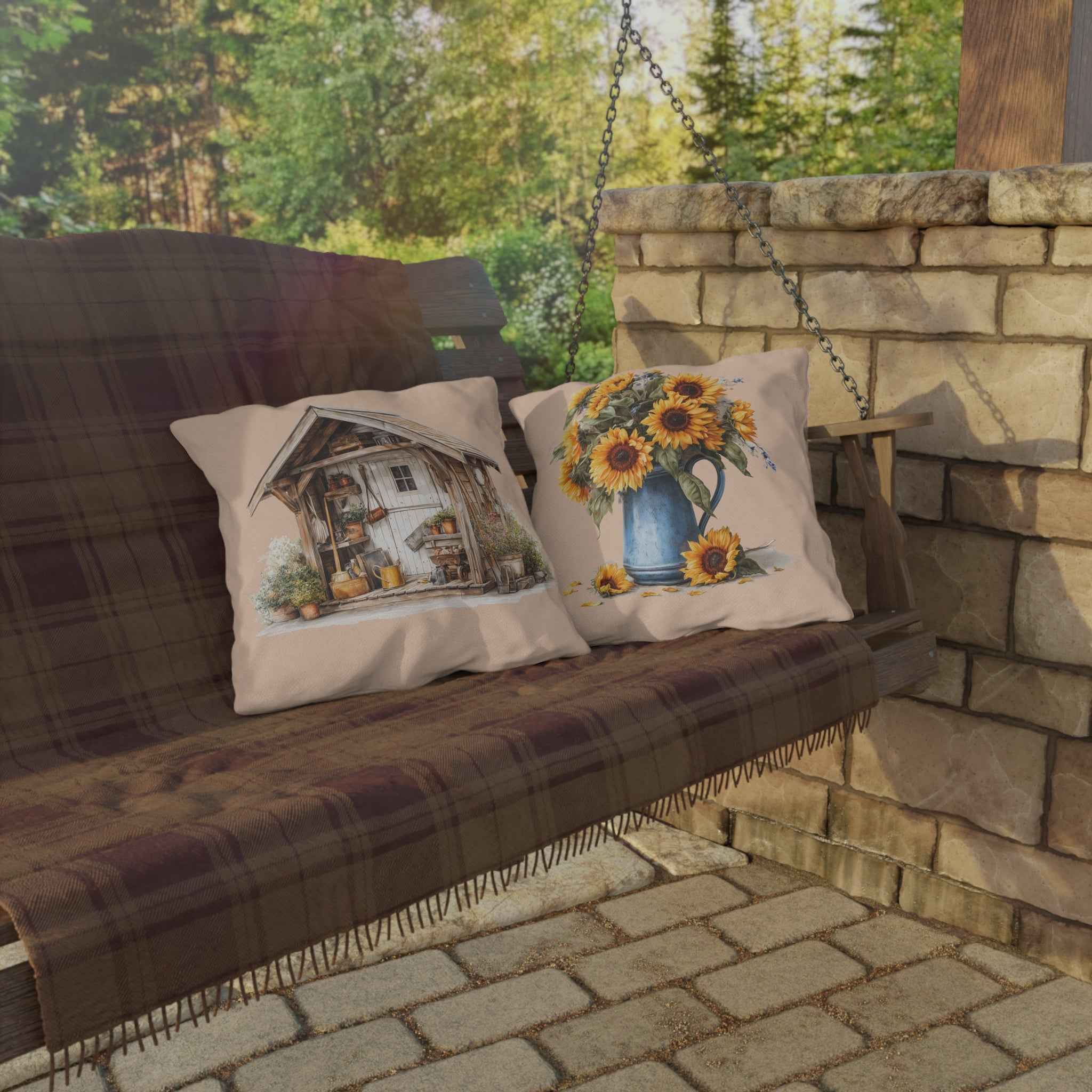 Sunflower Cottage Outdoor Pillow — Rustic Garden Shed & Sunflower Throw Cushion for Patio