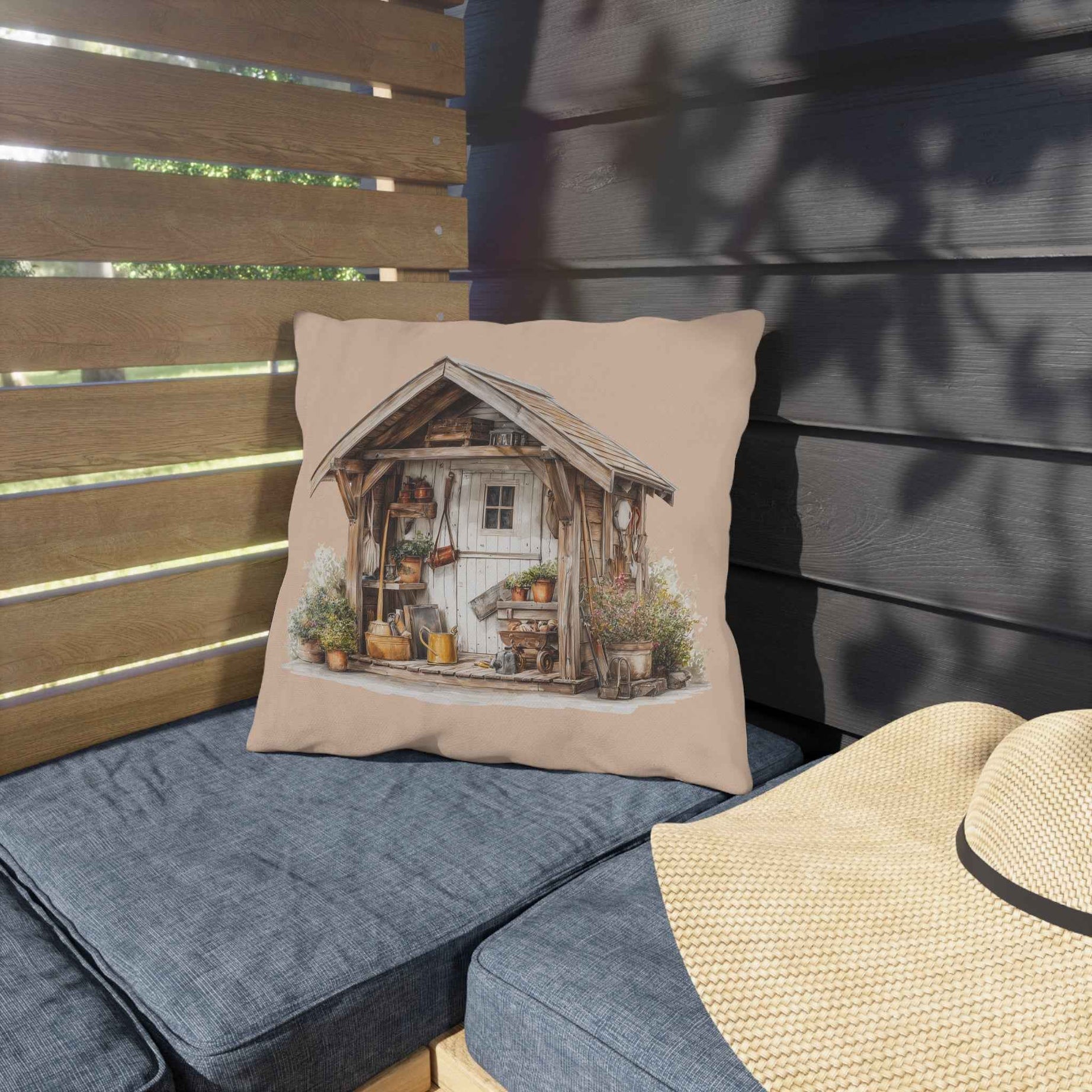 Sunflower Cottage Outdoor Pillow — Rustic Garden Shed & Sunflower Throw Cushion for Patio