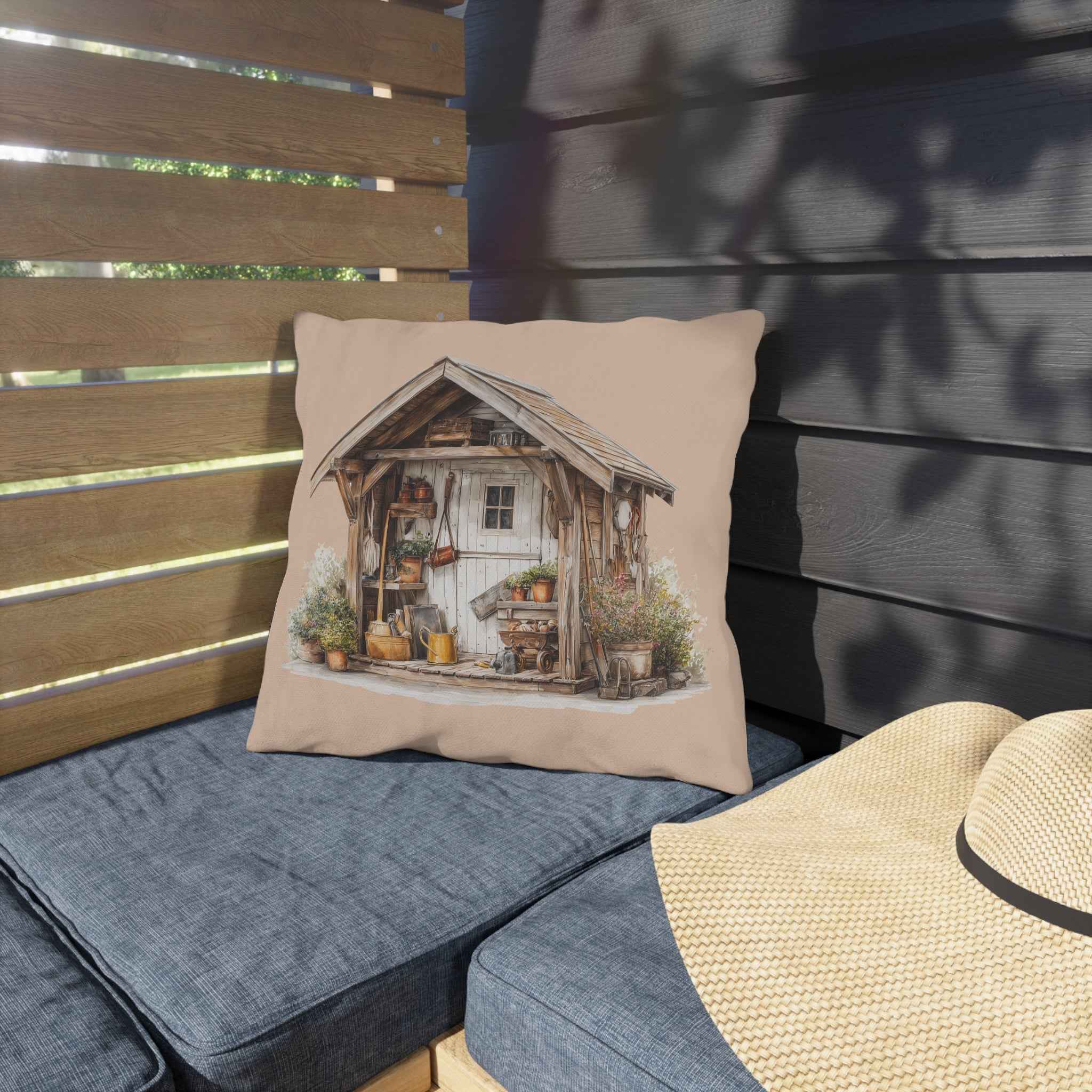 Sunflower Cottage Outdoor Pillow — Rustic Garden Shed & Sunflower Throw Cushion for Patio