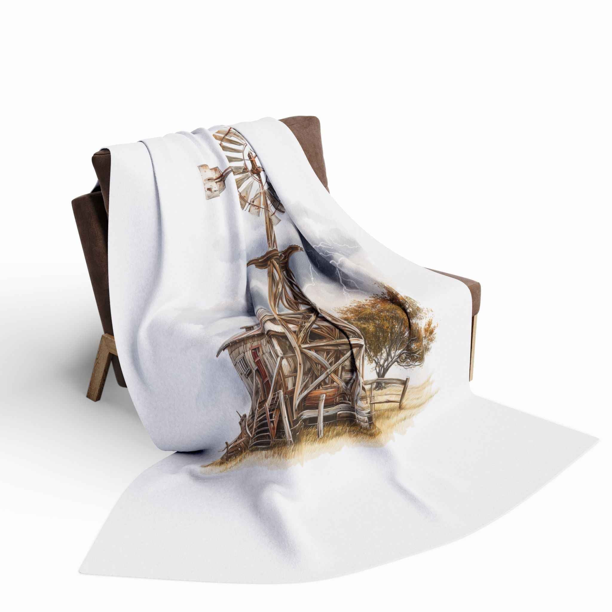 Windmill Farm Fleece Blanket — Rustic Windmill & Storm Sky Throw