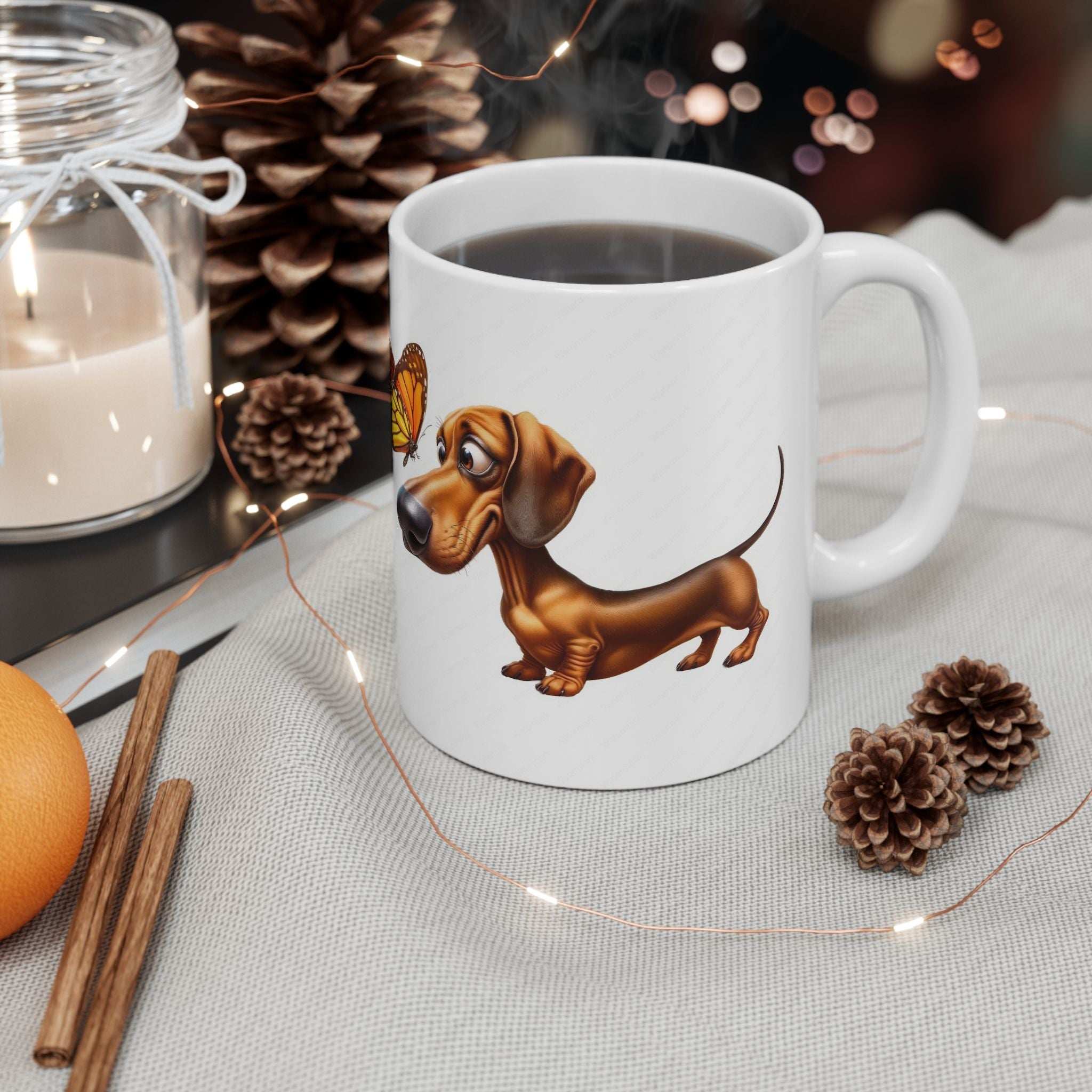 Cute Dachshund and Butterfly Ceramic Mug - Fun 11oz & 15oz Coffee Cup for Animal Lovers