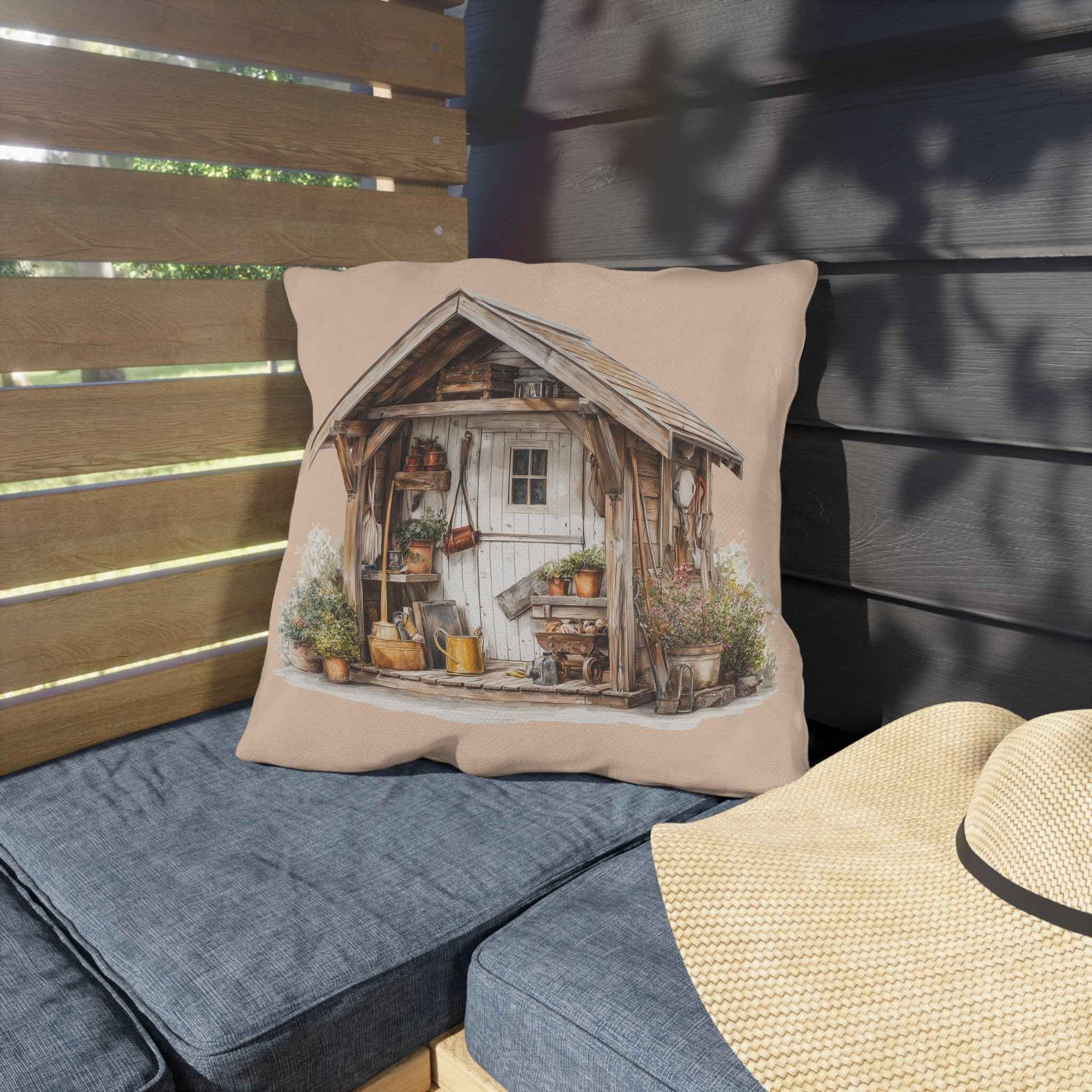 Sunflower Cottage Outdoor Pillow — Rustic Garden Shed & Sunflower Throw Cushion for Patio