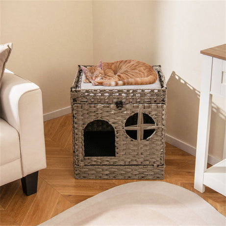 2-Tier Wicker Cat Condo With Litter Mat - Hidden Litter Box Enclosure