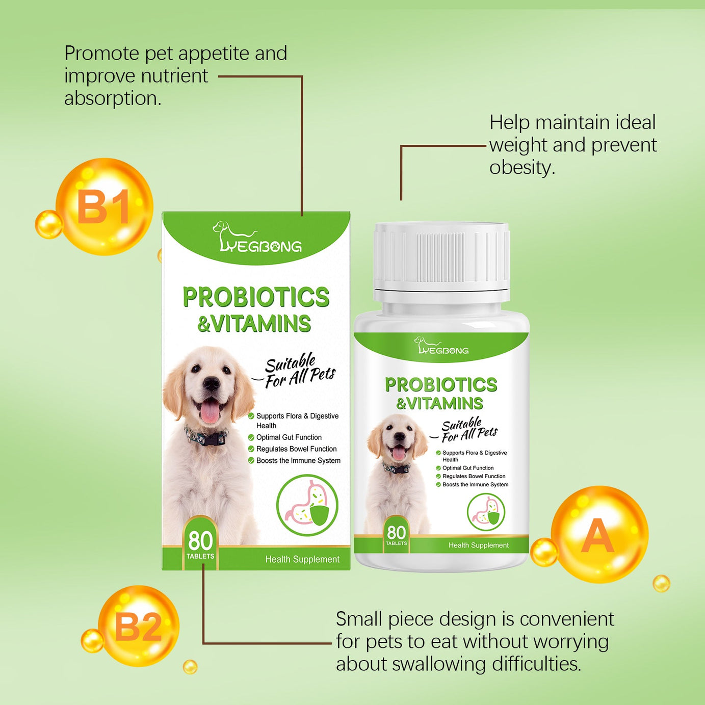 Pet Probiotic Vitamin Tablets 80 Count - Gut Health Dogs and Cats