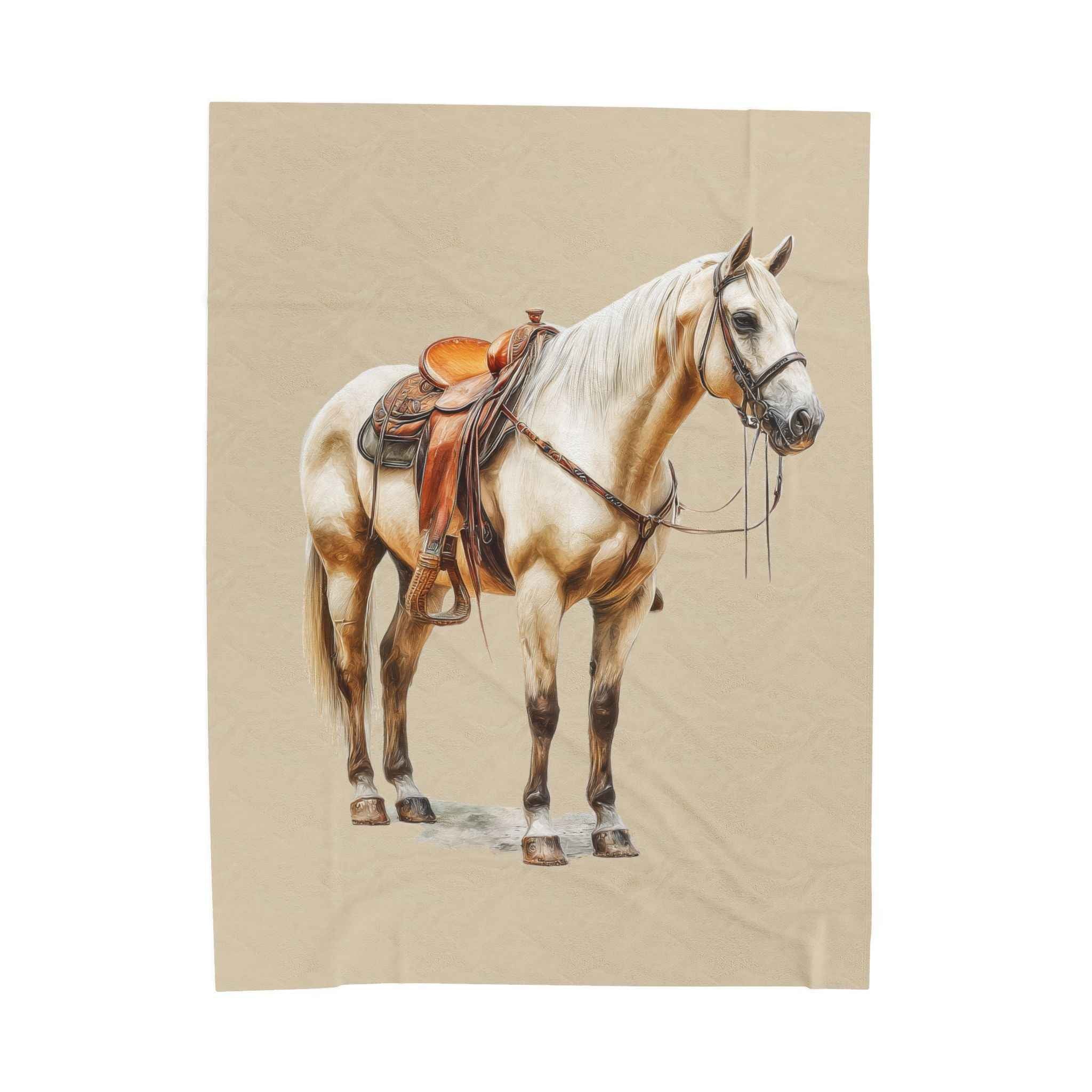 Velveteen Plush Blanket - Saddled Horse Illustration Cozy Throw