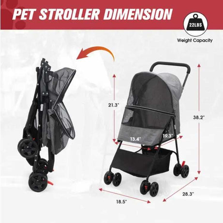 Foldable Pet Stroller, Small Dog Cat Stroller With Storage Basket For Small Puppies, Gray And Black