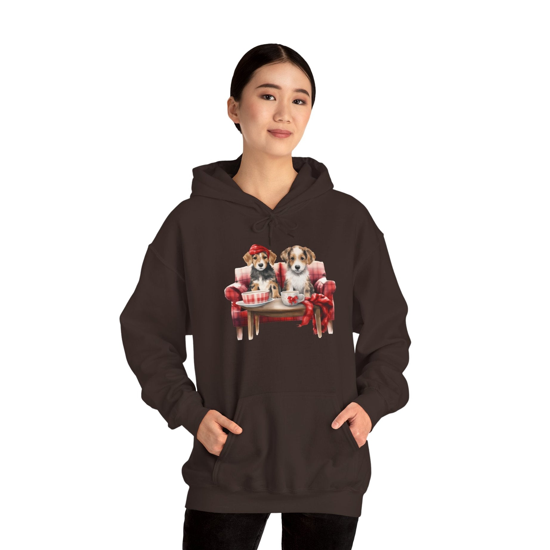 Christmas Hoodie - Festive Puppies on Sofa Design