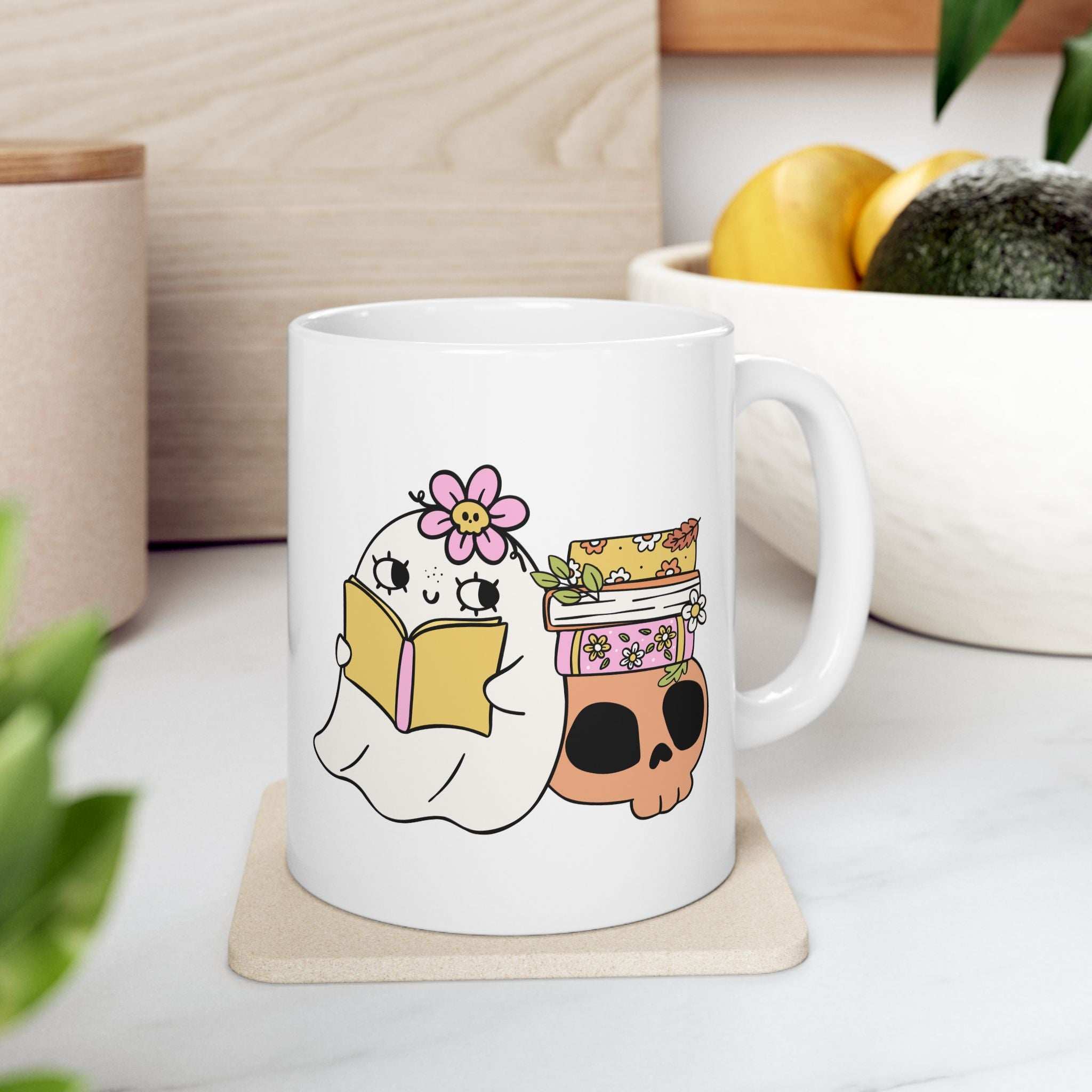 Cute Ghost Ceramic Mug | Coffee Cup for Book Lovers | Halloween Decor | Gift for Readers