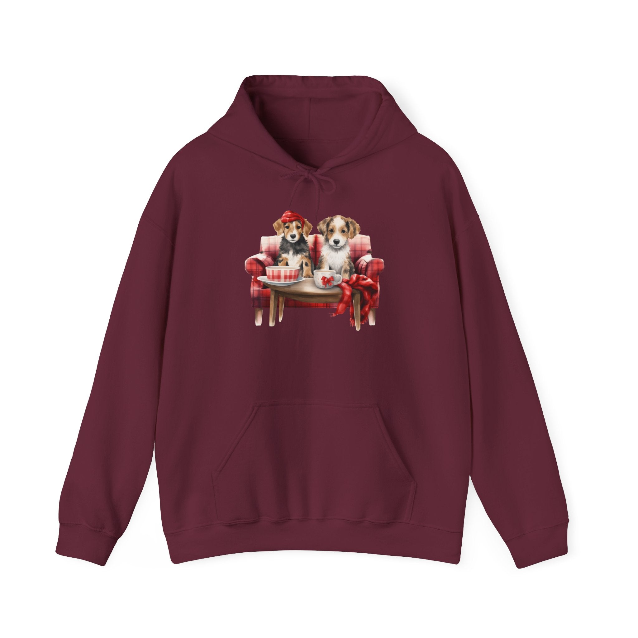Christmas Hoodie - Festive Puppies on Sofa Design