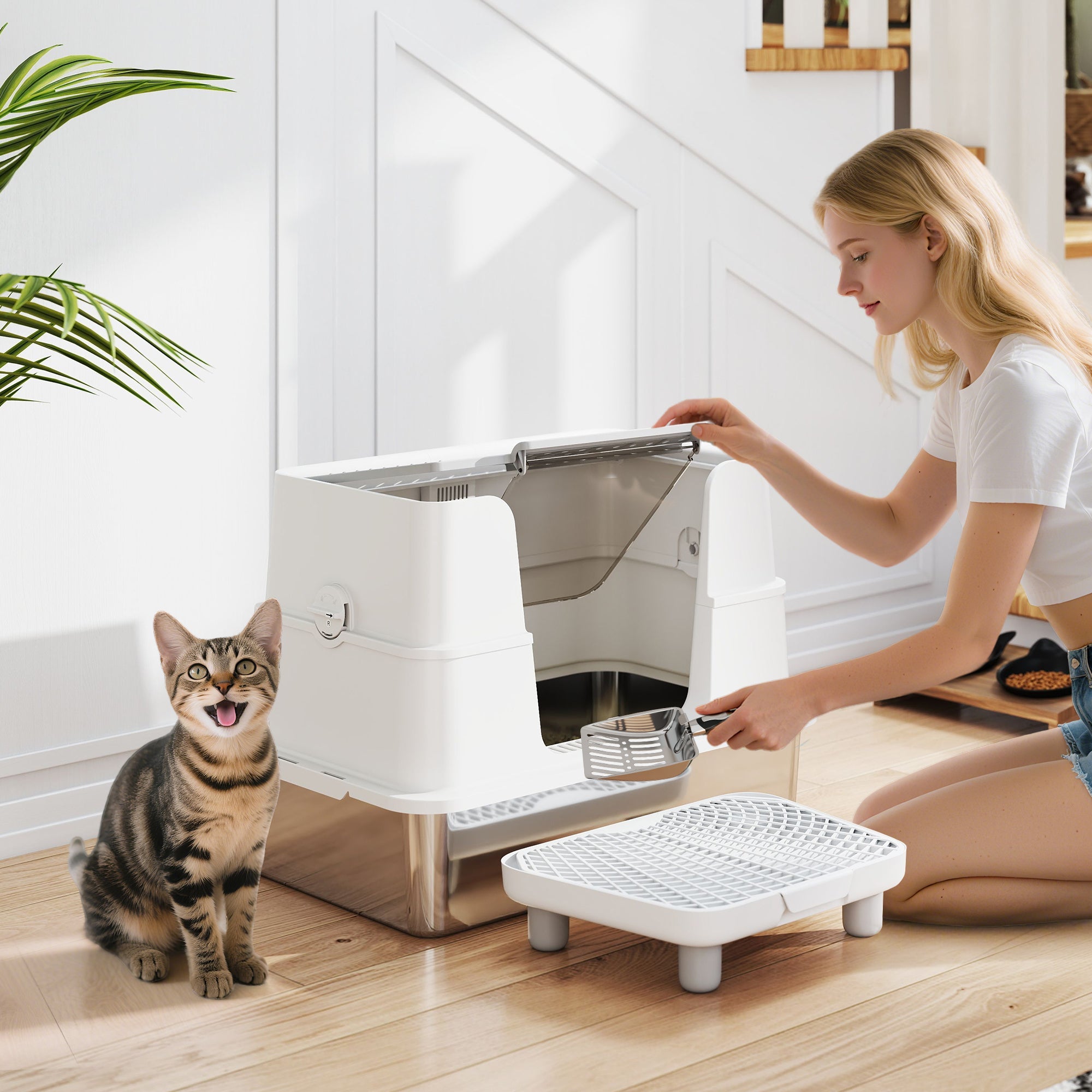 Cat Litter Box - XL Stainless Steel Enclosed with Scoop