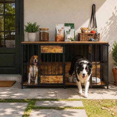Dog Crate Furniture - Double Compartment Kennel with Storage Top 47 Inch