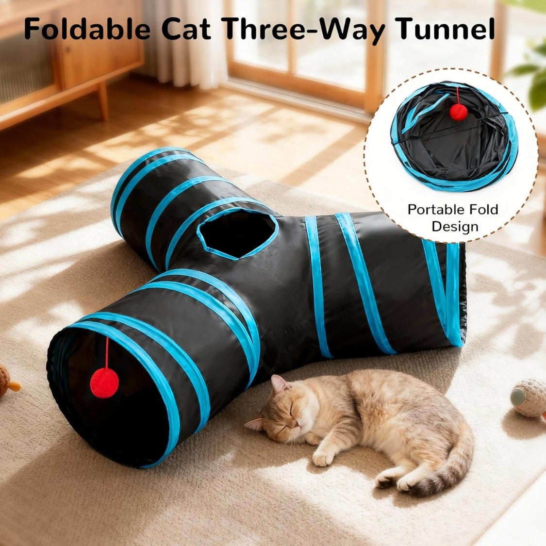 Cat Tunnel Toy 3-Way Collapsible - Peek Holes Teaser Wand Indoor Play