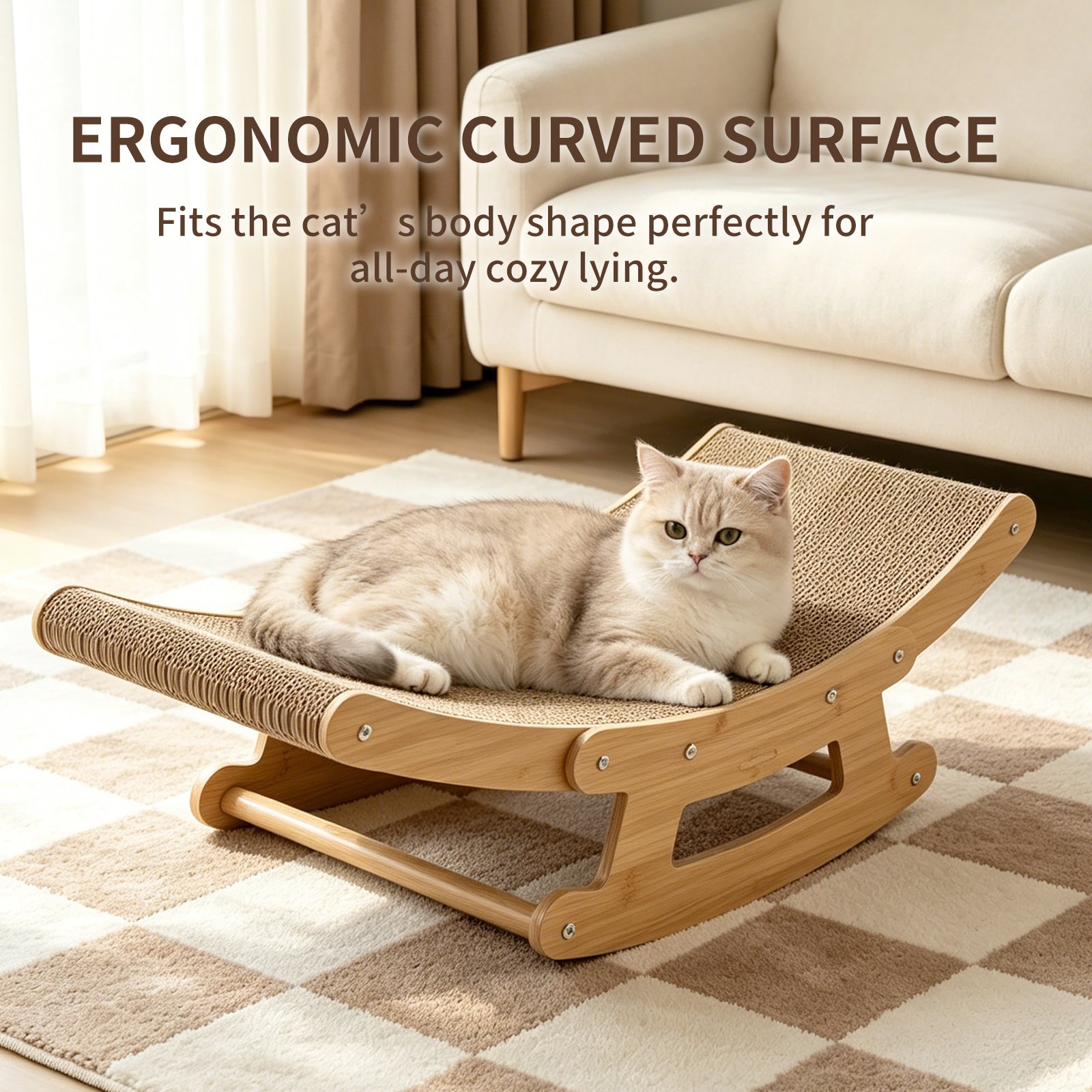 Cat Rocking Scratcher Lounge - 2-in-1 Bamboo Corrugated Cardboard Bed