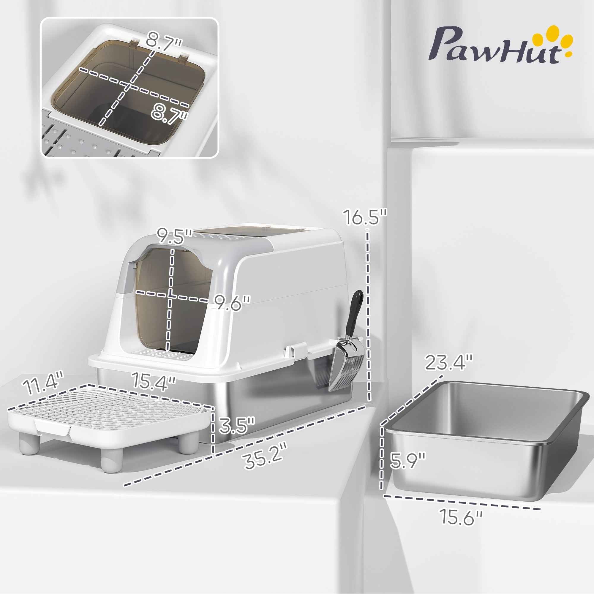 Cat Litter Box Enclosed XL Stainless Steel - Front Entry Top Exit Deodorizer