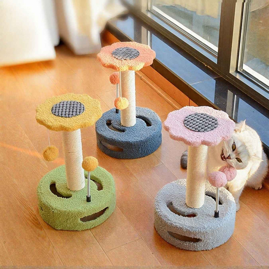 Cat Scratching Post Wooden - Interactive Toy with Dangling Balls