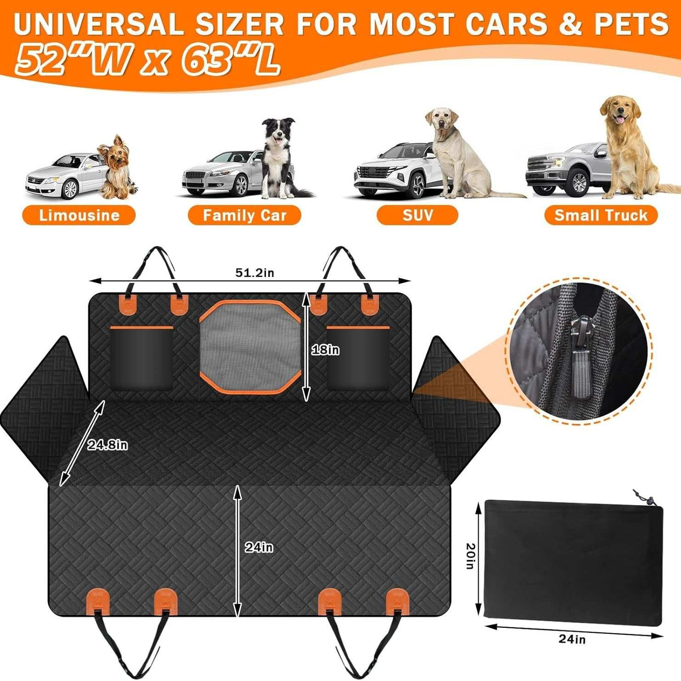 Adjustable Hard Bottom Dog Car Seat Backrest with Window & Storage Pockets