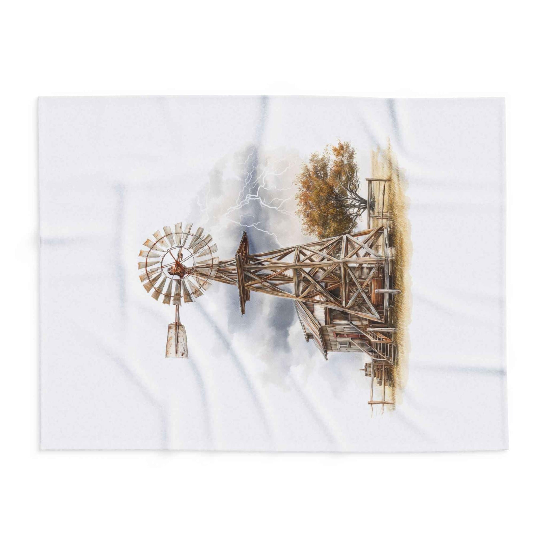 Windmill Farm Fleece Blanket — Rustic Windmill & Storm Sky Throw