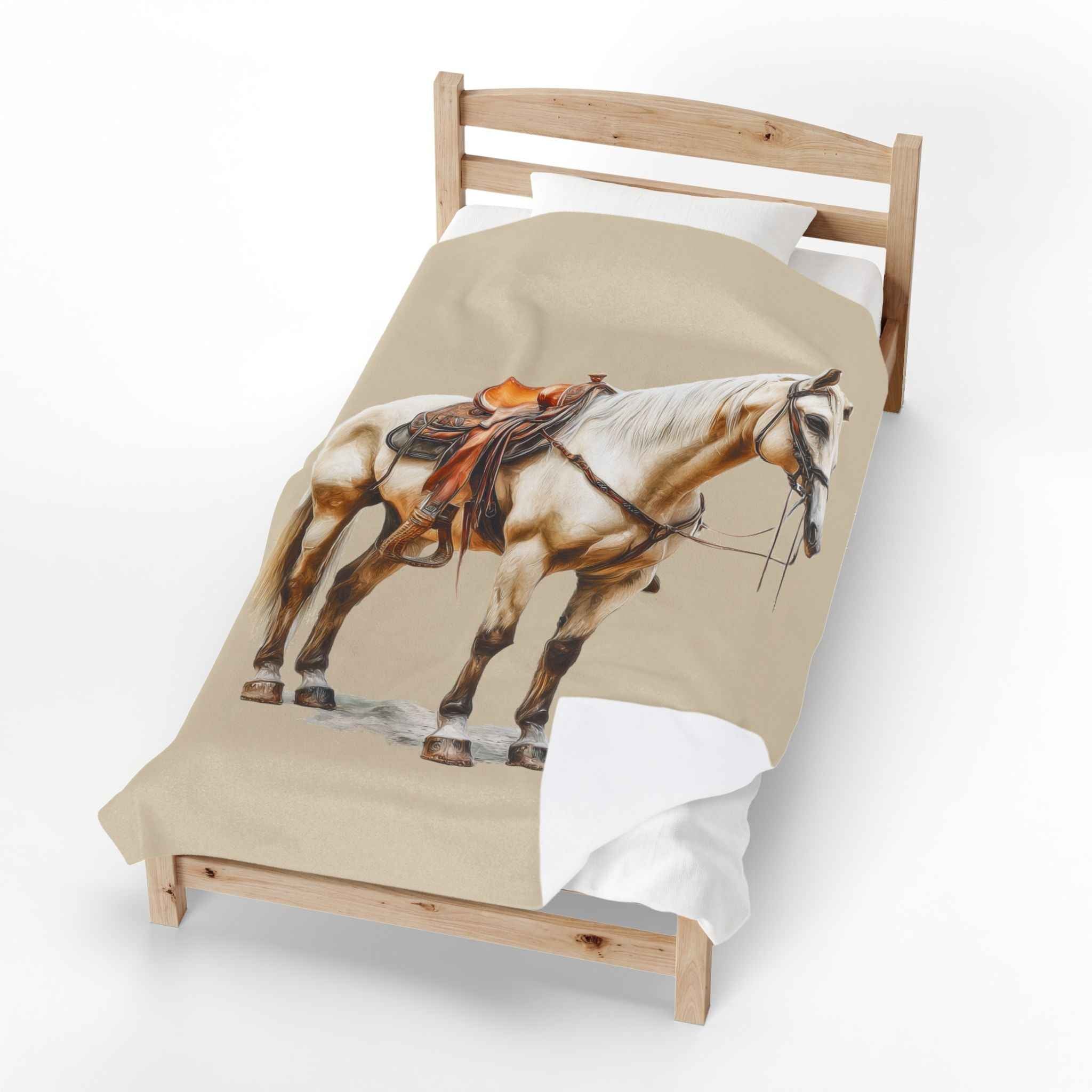 Velveteen Plush Blanket - Saddled Horse Illustration Cozy Throw